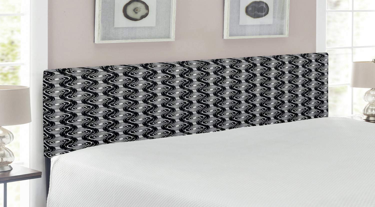 Ambesonne Starry Night Headboard - Modern Monochrome Round Spiral Design with Swirls, Upholstered Metal Bed Frame with Memory Foam, King Size Black & White - Perfect for Contemporary Bedrooms & Guest Rooms