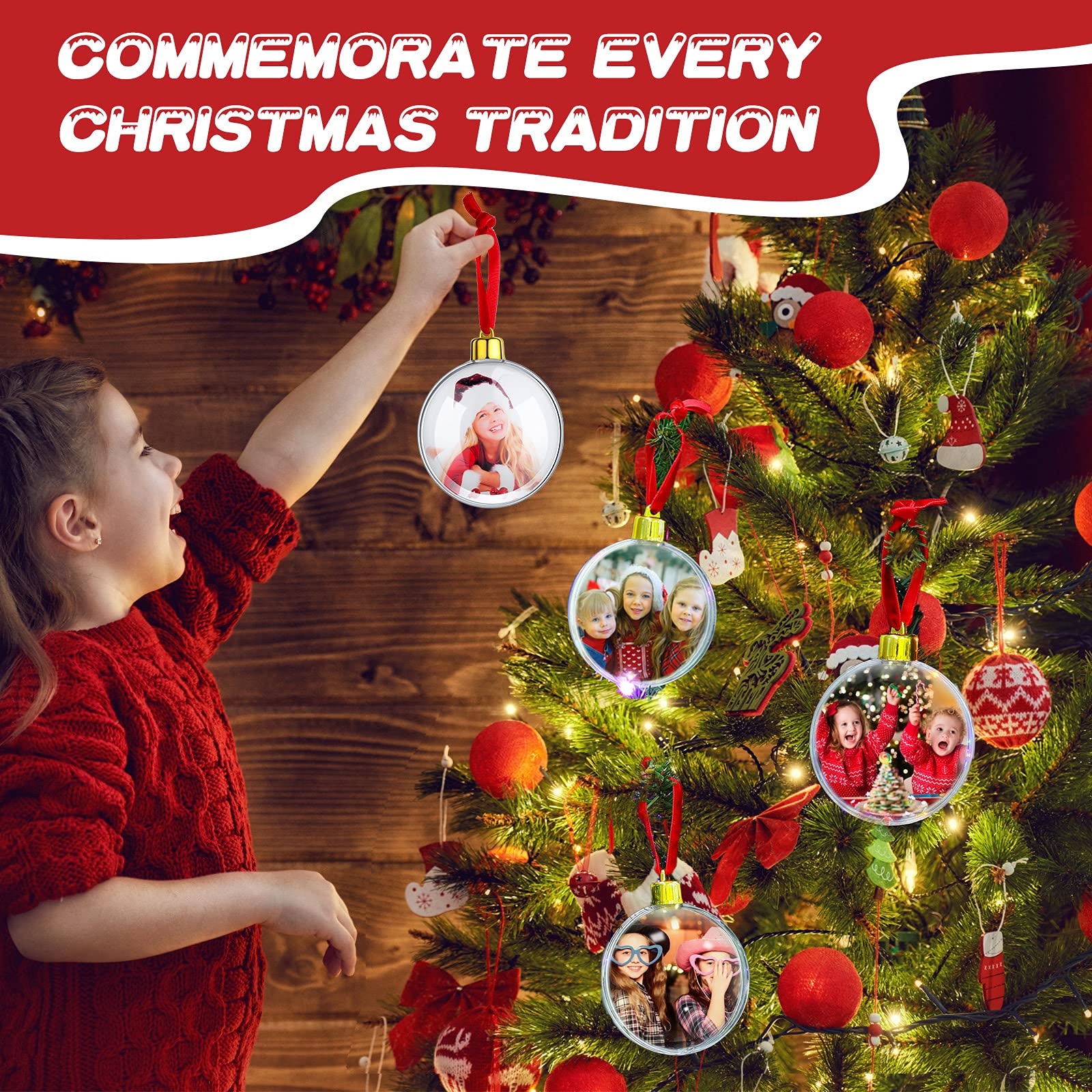 6 Pack Clear Plastic Photo Ornament Balls - DIY Personalized Christmas Decorations with Hanging Hooks for Tree, Gifts, and Home Holiday Decor