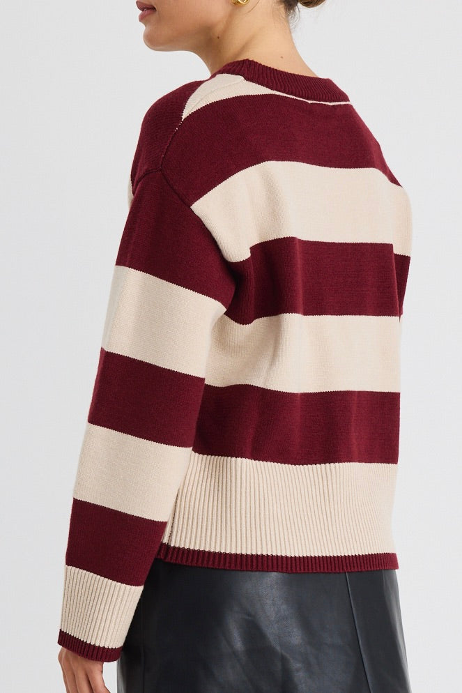 Gravity Burgundy Plum Stripe Crew Neck Knit Jumper | Soft Cotton Sweater for Women | Casual Fall & Winter Fashion | Perfect for Office, Date Night & Weekend Outings
