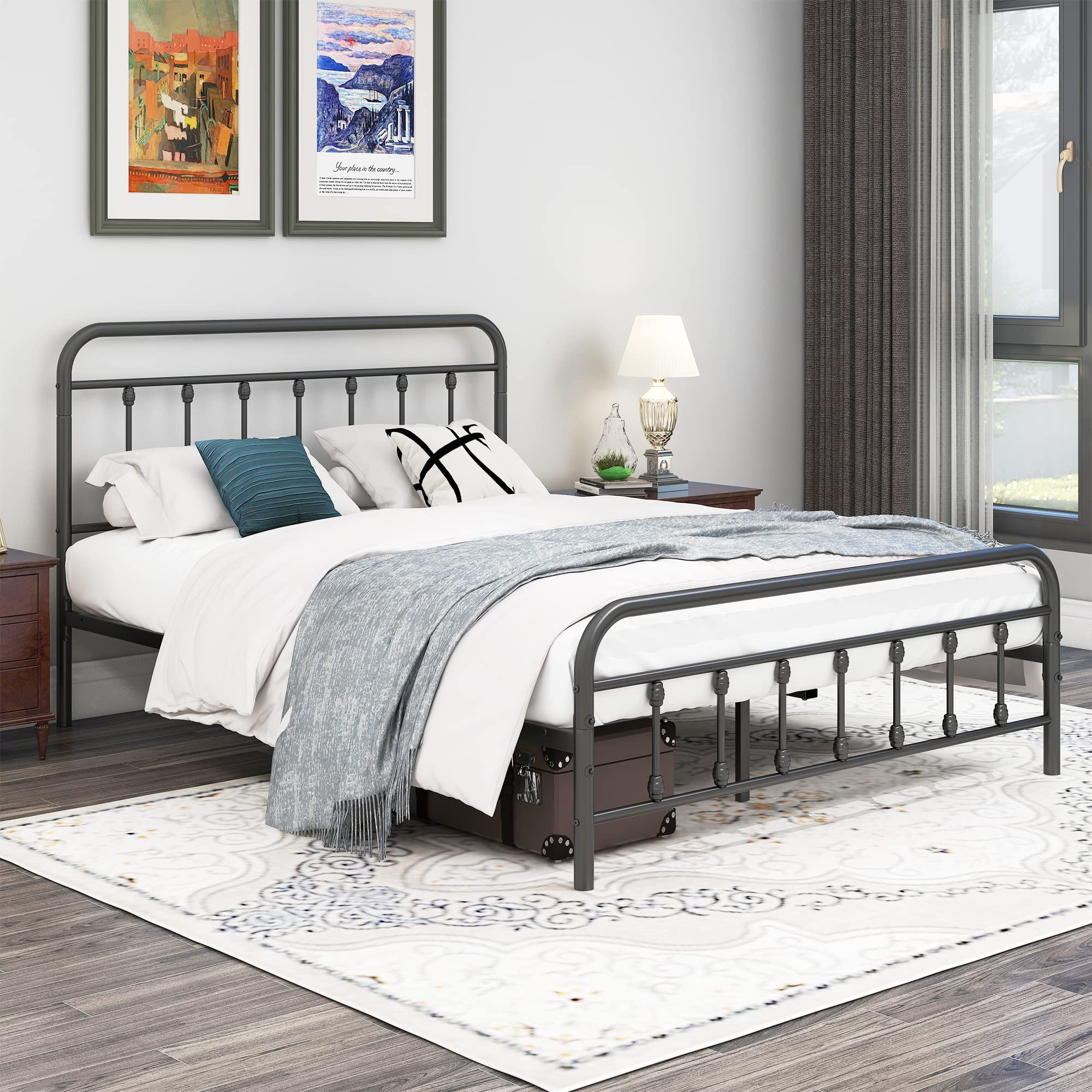 DUMEE Metal Queen Bed Frame with Headboard and Footboard - Farmhouse Style Platform Bed with Under Bed Storage, No Box Spring Needed, Textured Black - Perfect for Guest Rooms, Master Bedrooms & Small Spaces