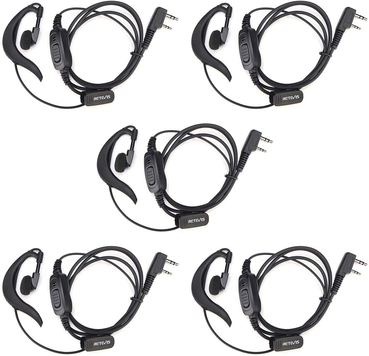 Retevis RT21 Two Way Radio Earpiece with Microphone - 5 Pack | Big PTT Button, G-Type Soft Earhook, 2 Pin Connector | Compatible with RT22 RT68 RT21 H-777 RT27 RT85 RB68 & SAMCOM Pxton Walkie Talkies | Perfect for Security Guards, Event Staff & Construction Workers