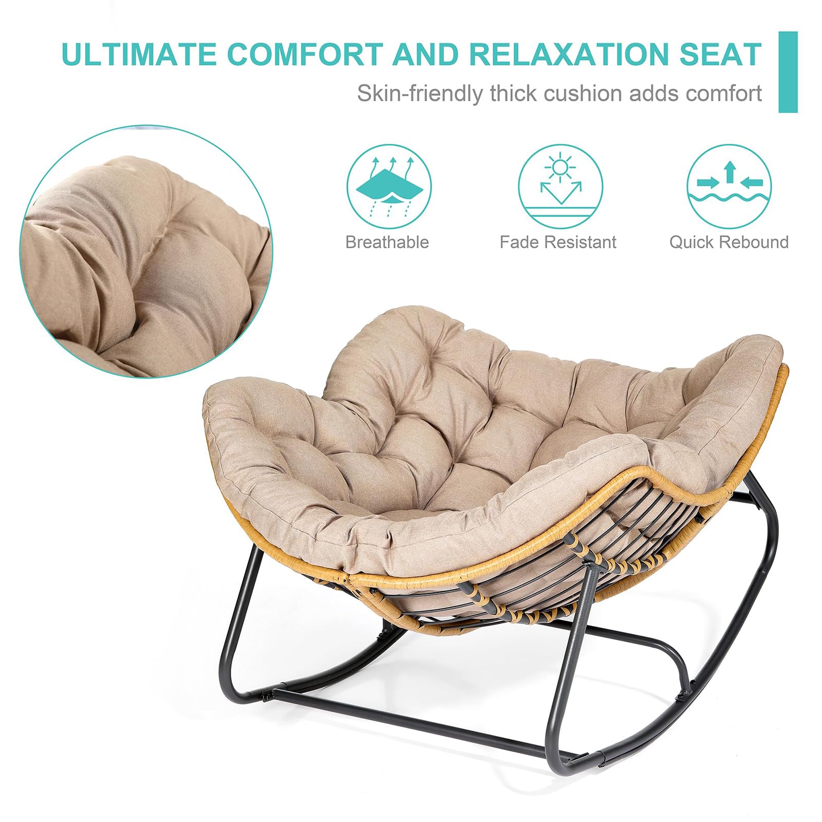 SWITTE Outdoor Rocking Chair - Egg-Shaped Patio Chair with Rattan Wicker Design, Modern Papasan Lounge Chair for Indoor & Outdoor Use - Perfect for Bedroom, Living Room, Porch, Garden and Lawn Relaxation (Beige)