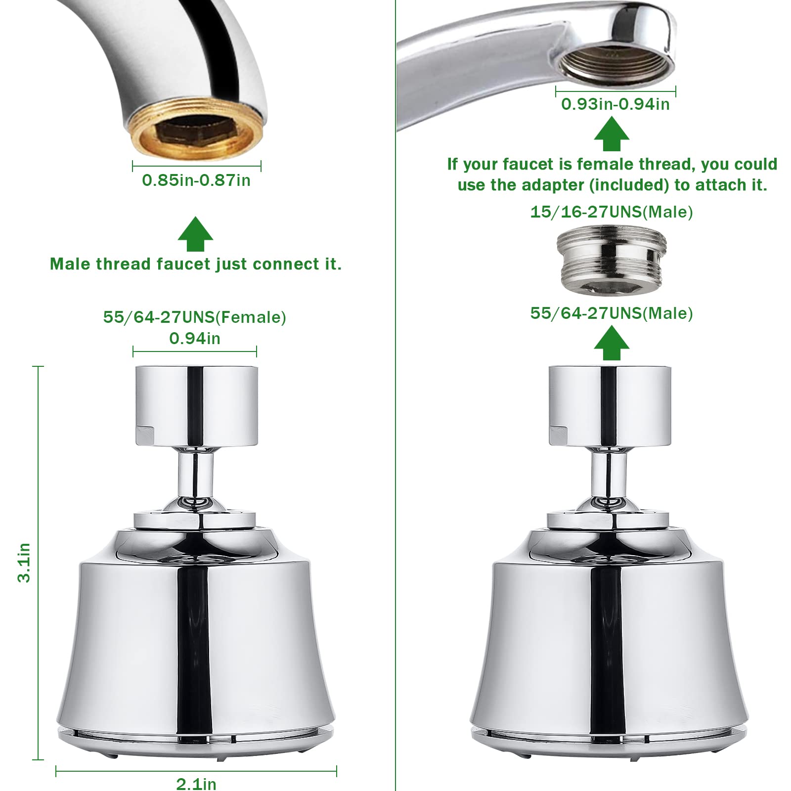 Houtingmaan Kitchen Sink Faucet Aerator with 2 Ball Joints - 4 Spray Modes Swivel Faucet Head Replacement - 55/64-27UNS Female Thread Chrome Finish for Easy Cleaning & Dishwashing