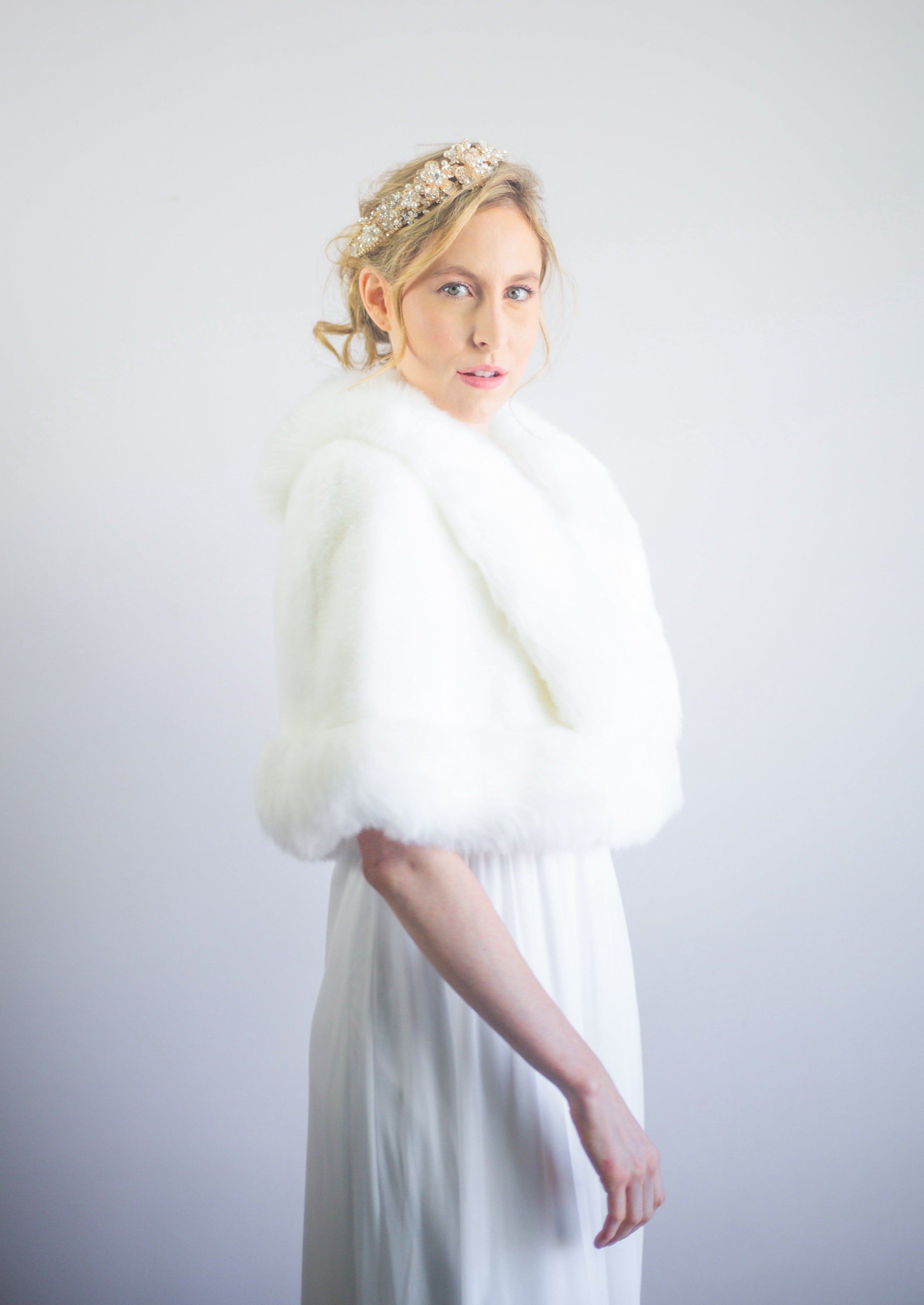 Ivory White Faux Fur Bridal Cape - Elegant Wedding Shawl for Bride (Georgina Wht01) | Perfect for Winter Weddings, Photo Shoots & Formal Events