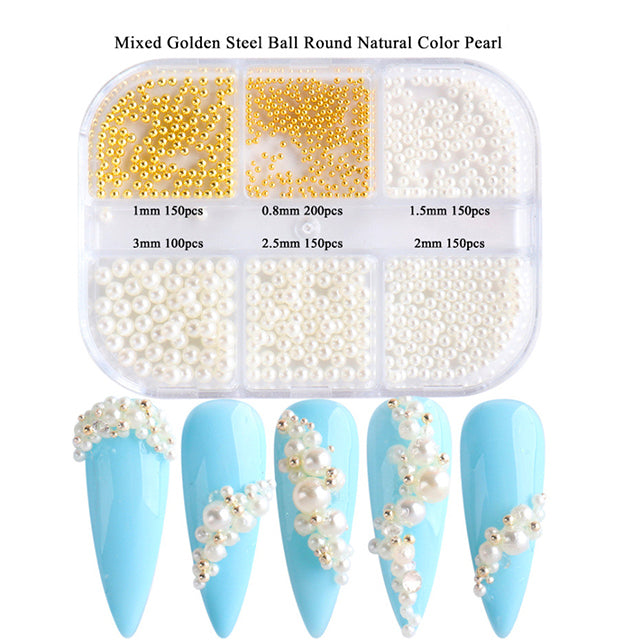 Mixed Size Pearls Nail Art Decorations (6 Grid Tray) - DIY Manicure, Acrylic Nails, Gel Polish Designs for Women & Girls