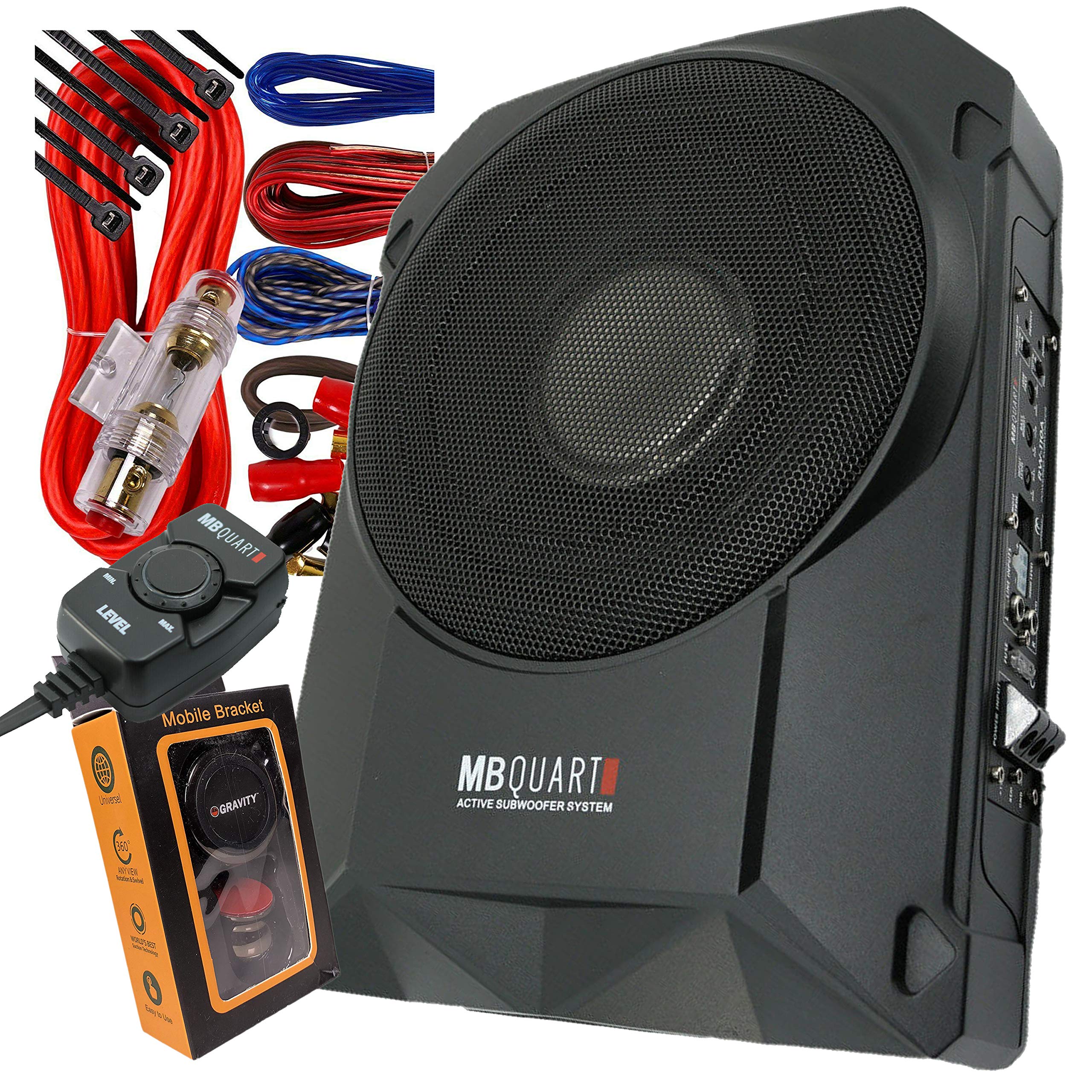 MB Quart RW-110A 800W 10-Inch 4-Ohm Car Subwoofer Amplifier with 8 Gauge Wiring Kit - High Power Bass Boost for Car Audio System, Includes Free Red Gravity Magnet Phone Holder - Perfect for Trucks, SUVs and Custom Car Stereo Upgrades
