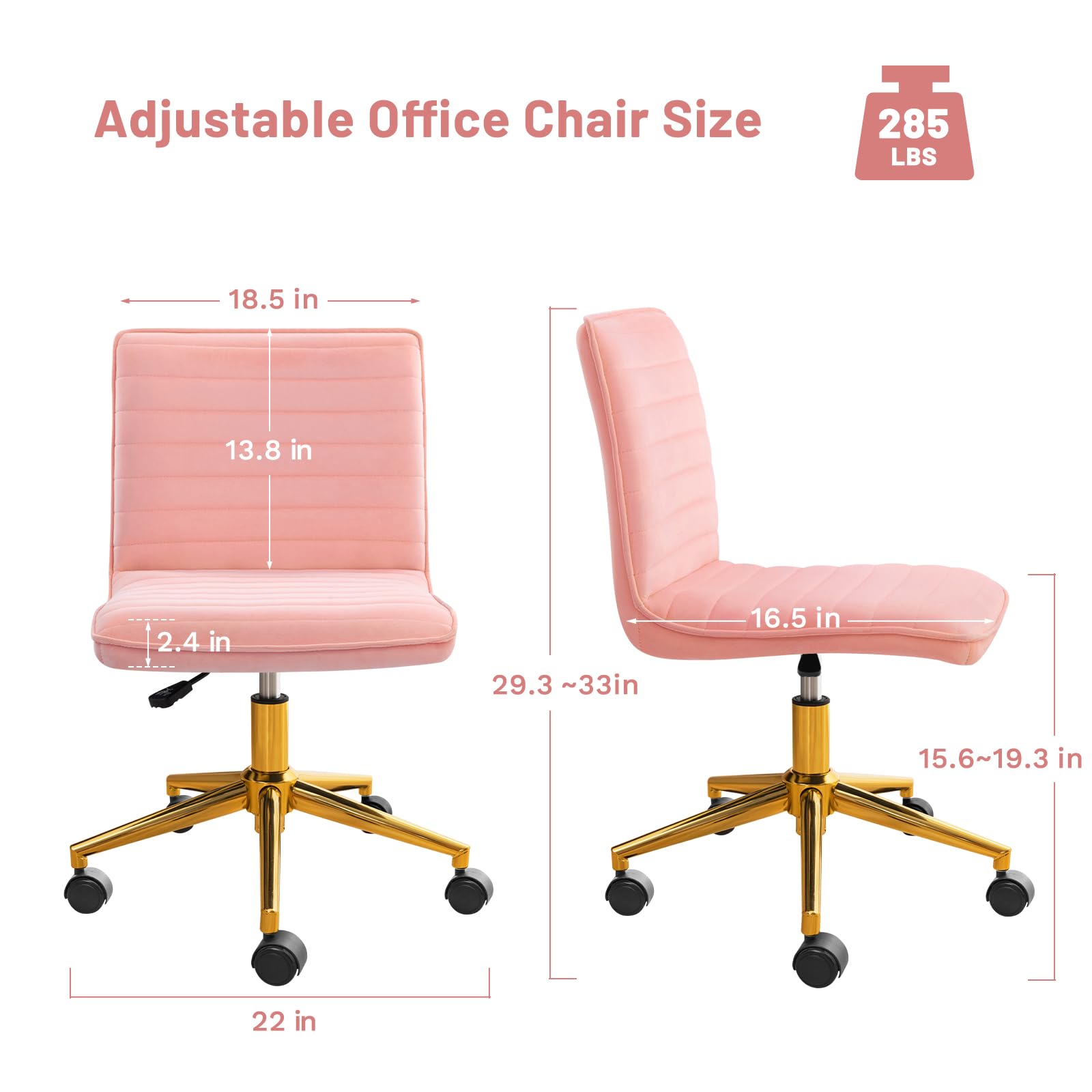 Furniliving Armless Vanity Chair with Wheels - Adjustable Height Soft Velvet Rolling Desk Chair with Gold Metal Base (Pink) | Perfect for Makeup Vanity, Home Office & Computer Workstation