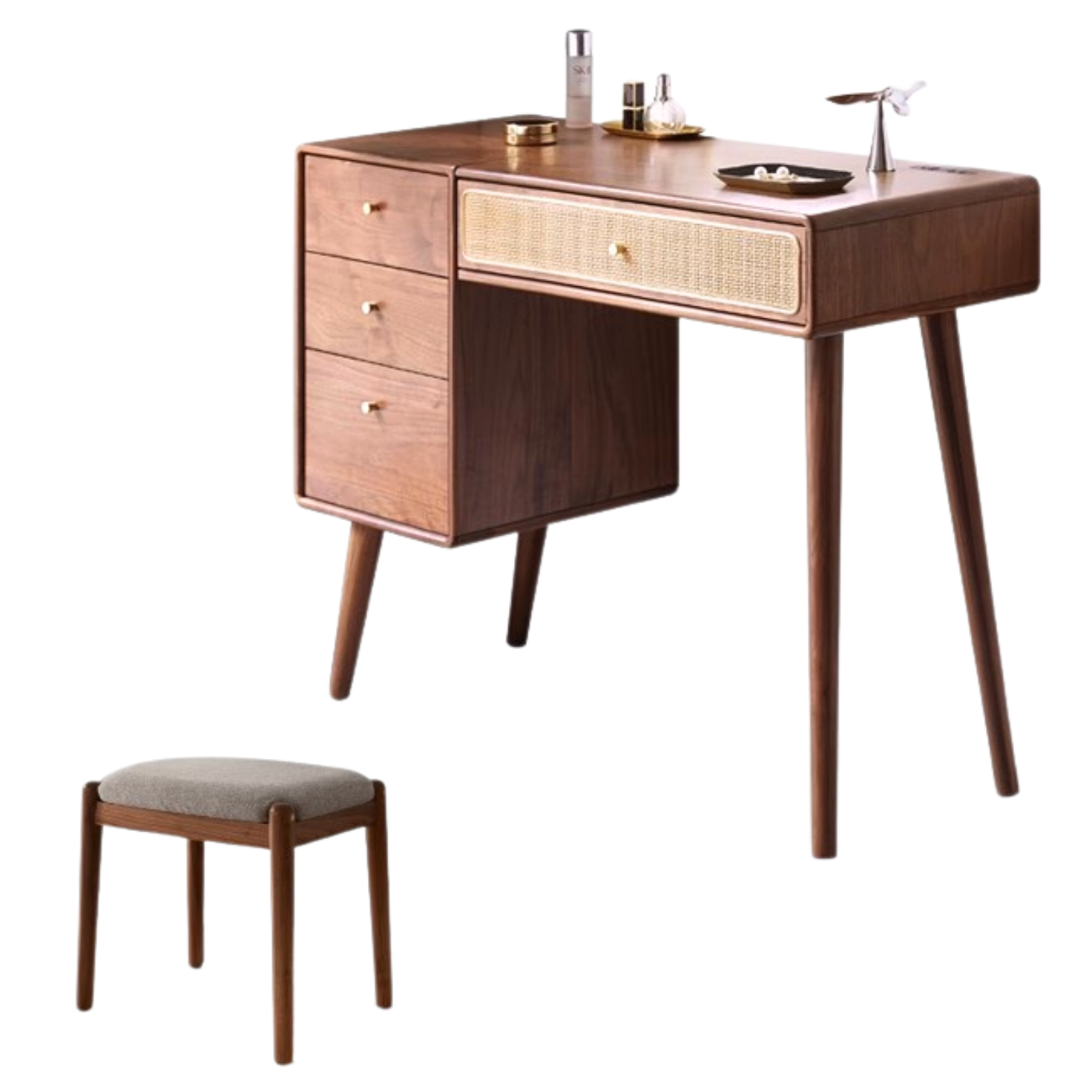 Premium Black Walnut Solid Wood Rattan Vanity Dressing Table - Elegant Makeup Desk with Mirror for Bedroom, Bathroom & Boudoir Organization