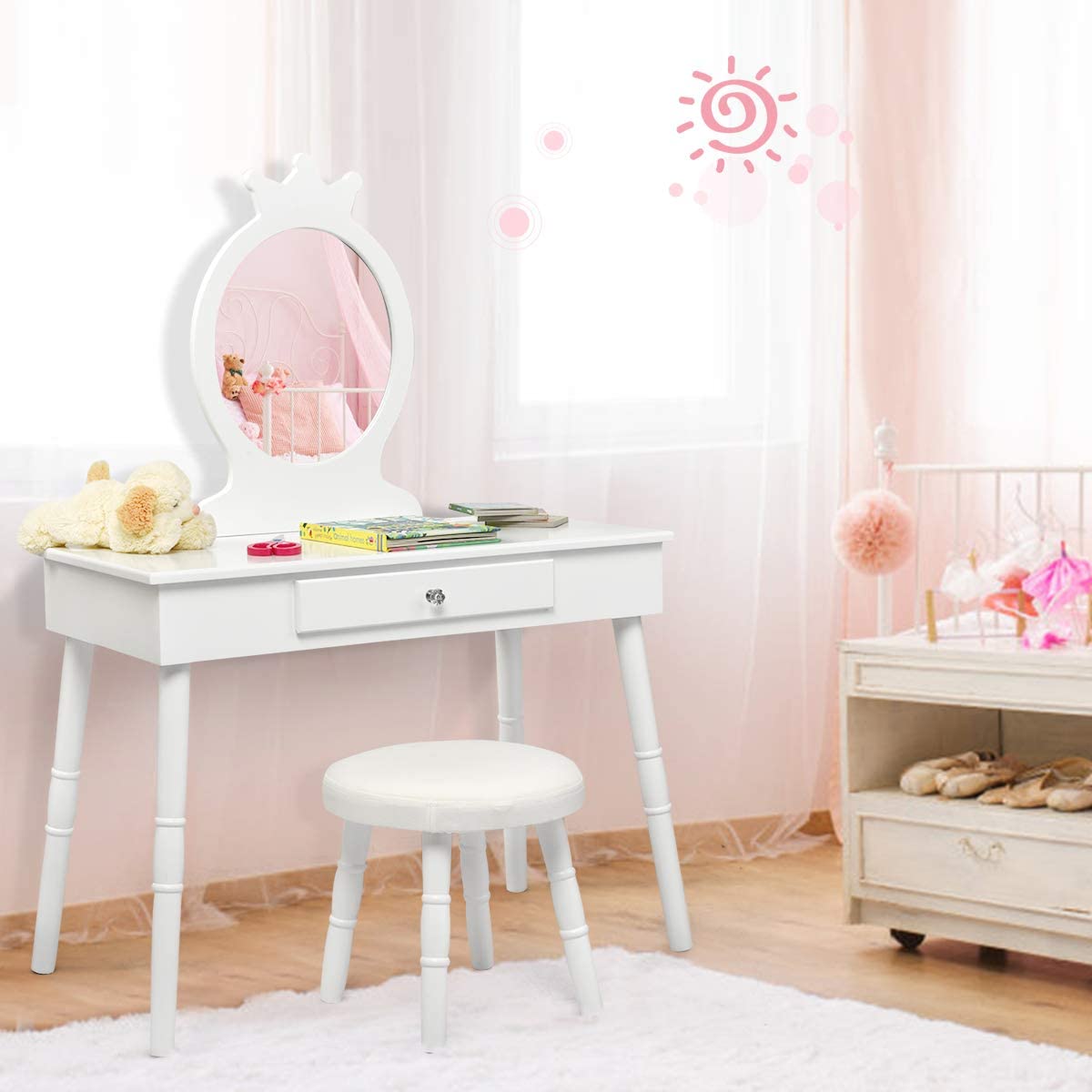 INFANS Wooden Kids Vanity Dressing Table & Stool Set with Real Mirror - Princess Pretend Play Makeup Dresser with Drawer for Little Girls - Perfect for Birthday Gifts, Bedroom Decor & Role Play Activities