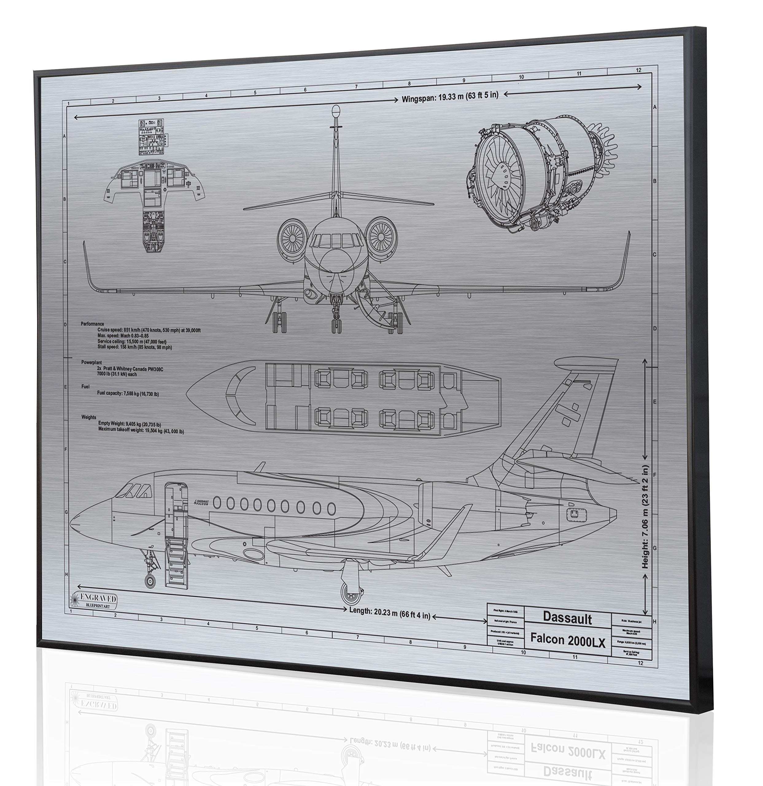 Custom Dassault Falcon 2000LX Blueprint Artwork - Laser Engraved Aviation Decor - Unique Pilot Gift for Home & Office Display