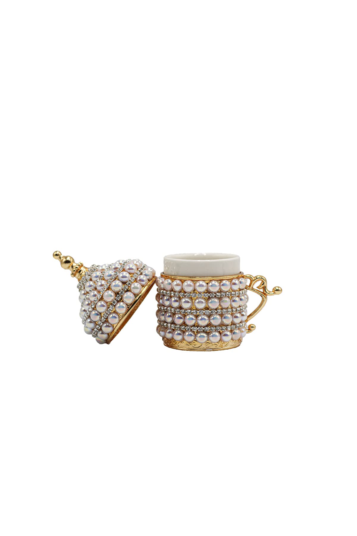 Premium Turkish Espresso Coffee Cups Set of 6 - Pearl Coated Gold Ottoman Arabic Greek Coffee Cups with Teapot & Ewer - Perfect for Home, Cafe & Gift Giving