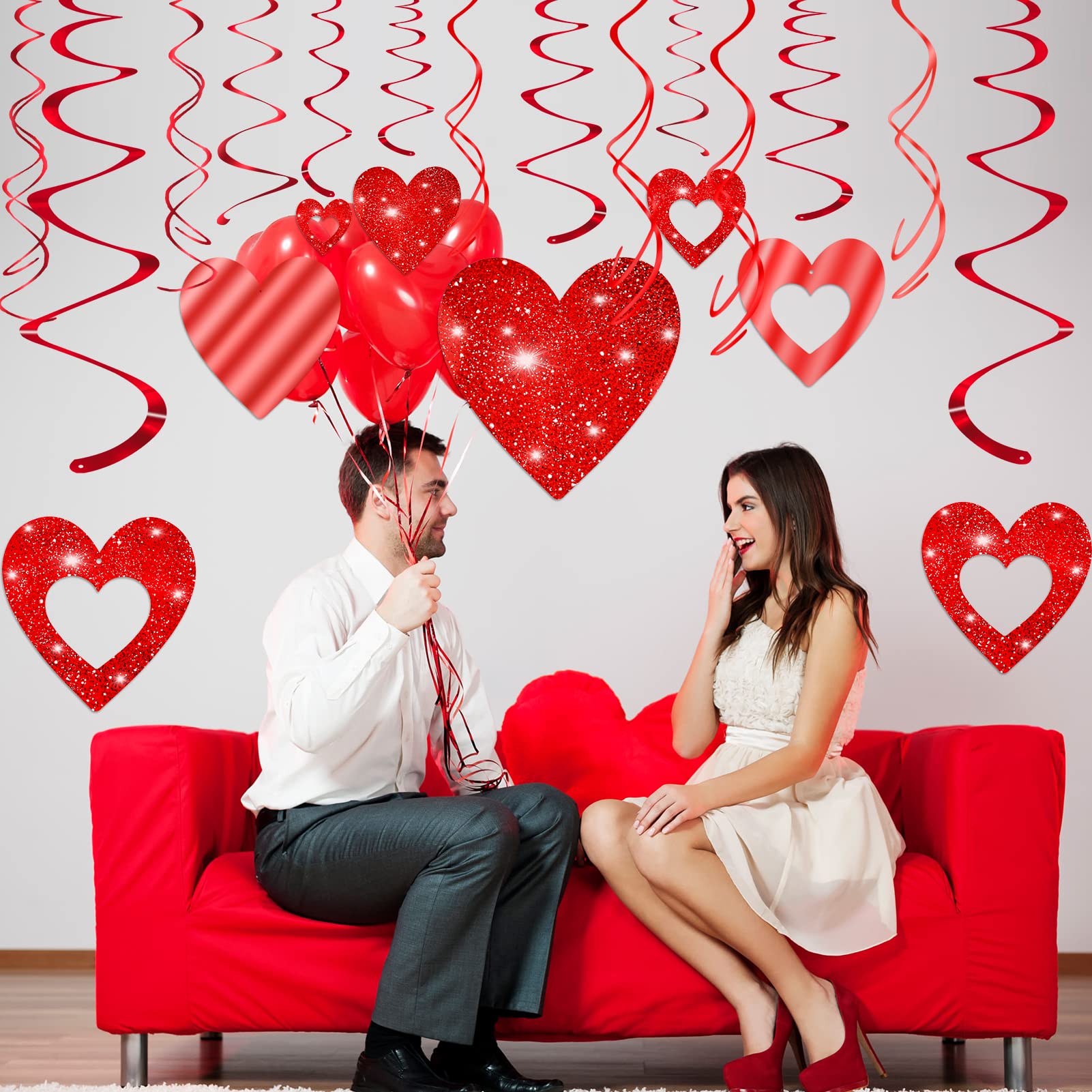 40-Pack Valentine's Day Glitter Heart Swirl Decorations - Hanging Ceiling Streamers for Wedding, Anniversary, Birthday & Bridal Shower Party Supplies - Romantic Home & Event Decor