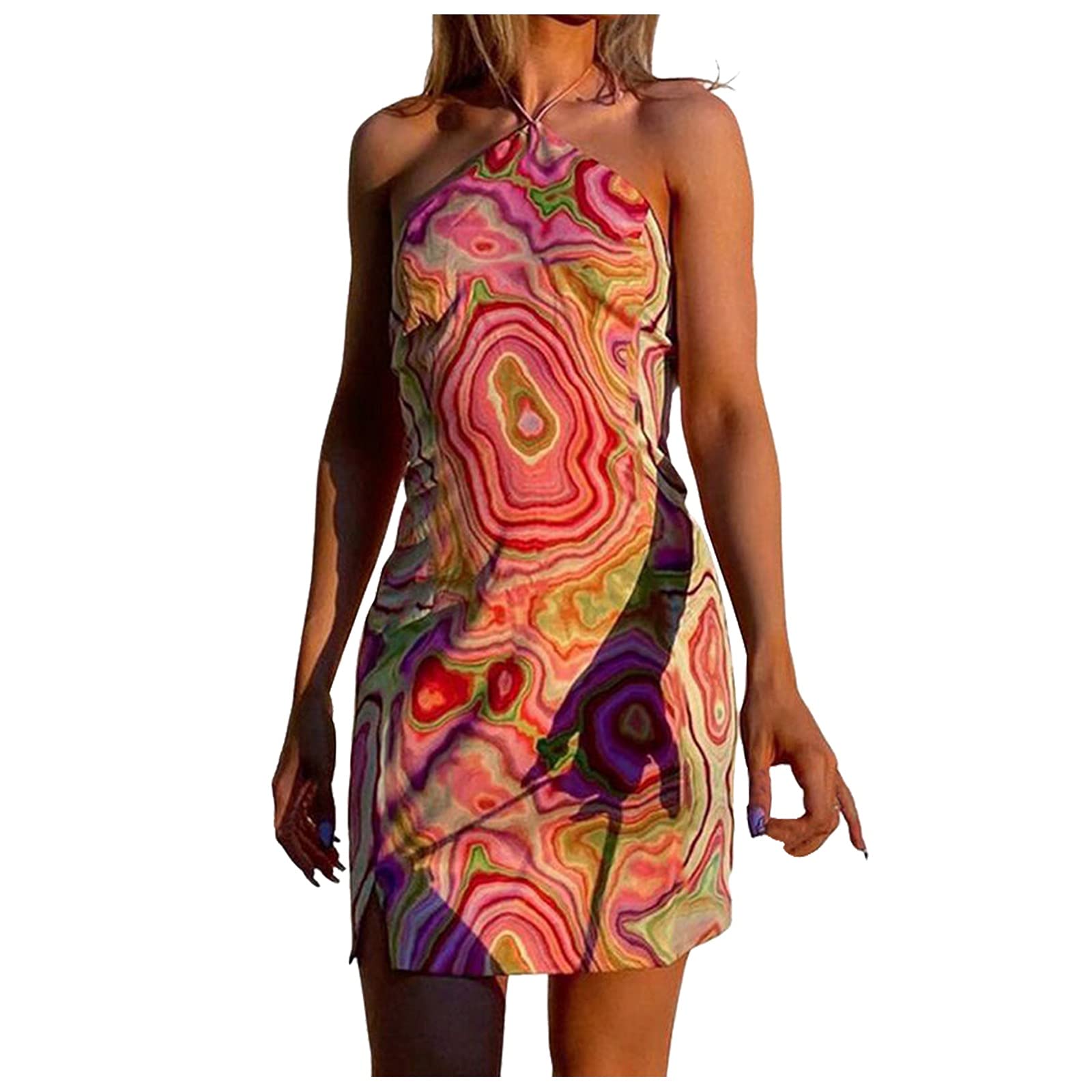 Sexy Sleeveless Halter Print Dress for Women - Summer Club Party & Casual Wear - Flirty Short Dress for Beach, Date Night & Night Out