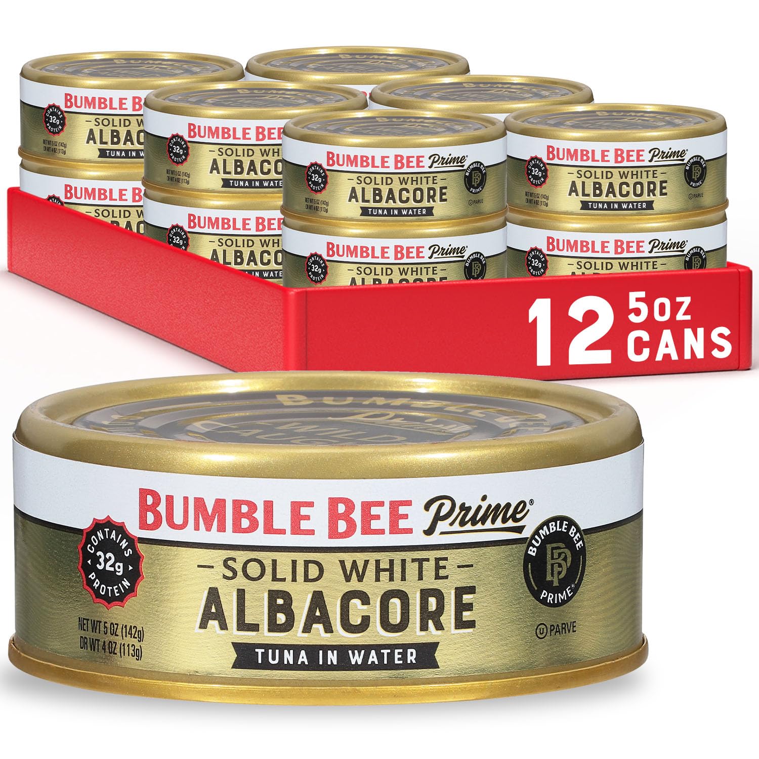 Premium Wild Caught Bumble Bee Prime Solid White Albacore Tuna in Water - 12 Pack (5 oz Cans) | High Protein (32g per Serving), Non-GMO, Gluten Free, Kosher | Perfect for Salads, Sandwiches & Healthy Meal Prep