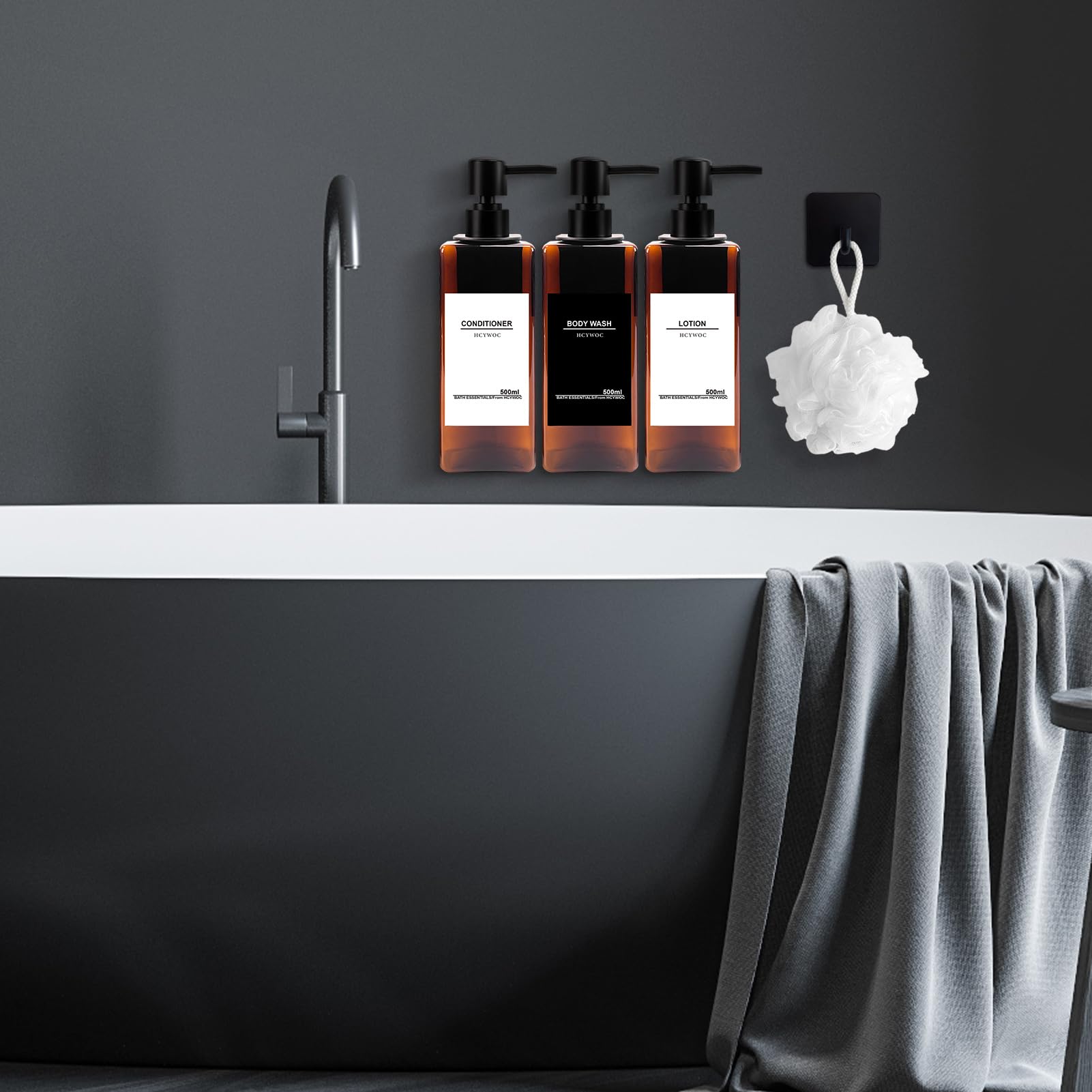 No Drill Shower Wall Mounted Shampoo & Conditioner Dispenser - 3 Chamber 17oz Black Amber, Waterproof Labels Included - Perfect for Bathroom, Gym, Spa & RV Use
