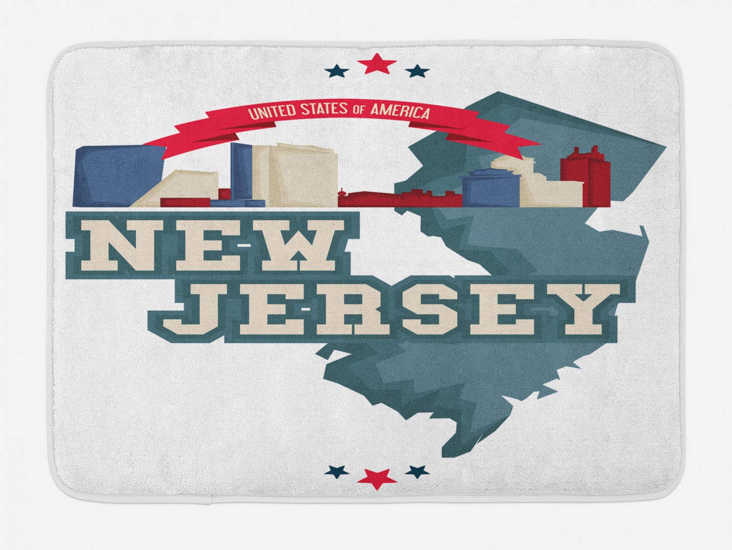 Lunarable New Jersey Bath Mat - Non-Slip Plush Bathroom Rug with Map of Northeastern US State & Atlantic City Boardwalk Design, 29.5