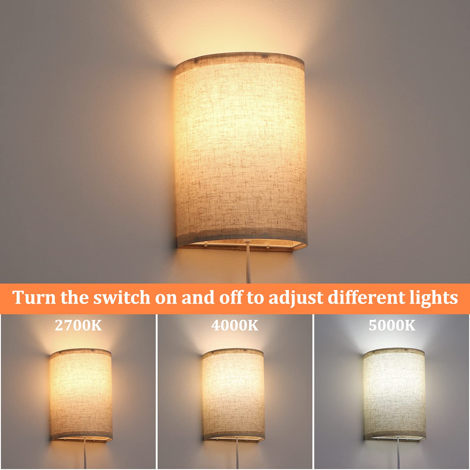 AVV Plug-in Wall Sconces Set of 2 - Dimmable LED Wall Lights for Bedroom & Living Room Decor - Fabric Linen Shades