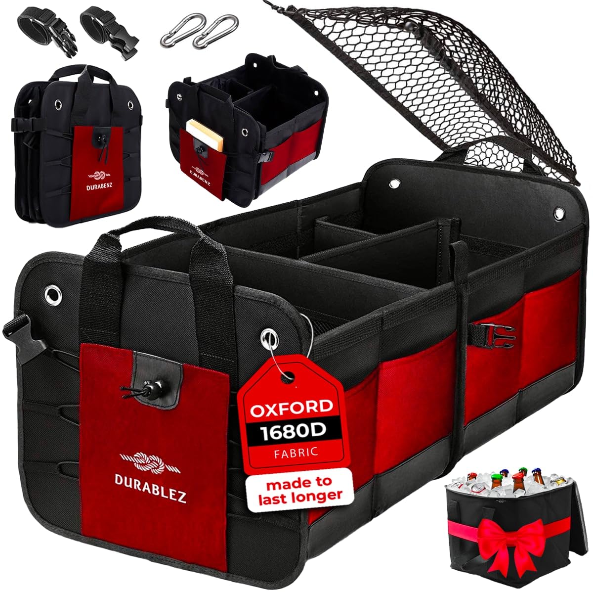 Red & Black Classic Car Trunk Organizer with Built-in Cooler - Perfect for Road Trips, Camping & Picnics