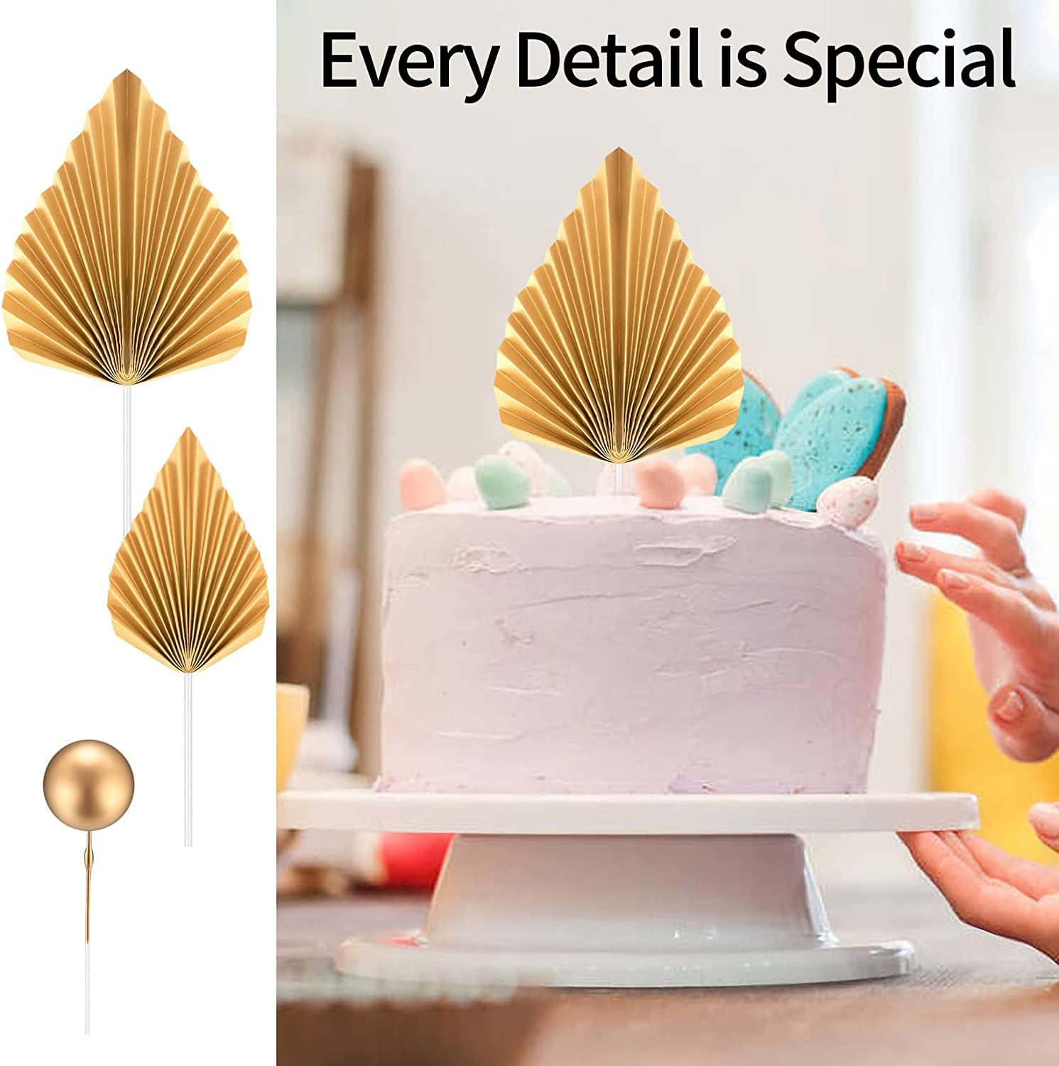 20 Pcs Gold Foam Ball Cake Toppers & 8 Pcs Gold Paper Palm Leaf Decorations for Birthday, Wedding, Baby Shower Party - Elegant Cake Inserts for Tropical & Glamorous Theme Celebrations