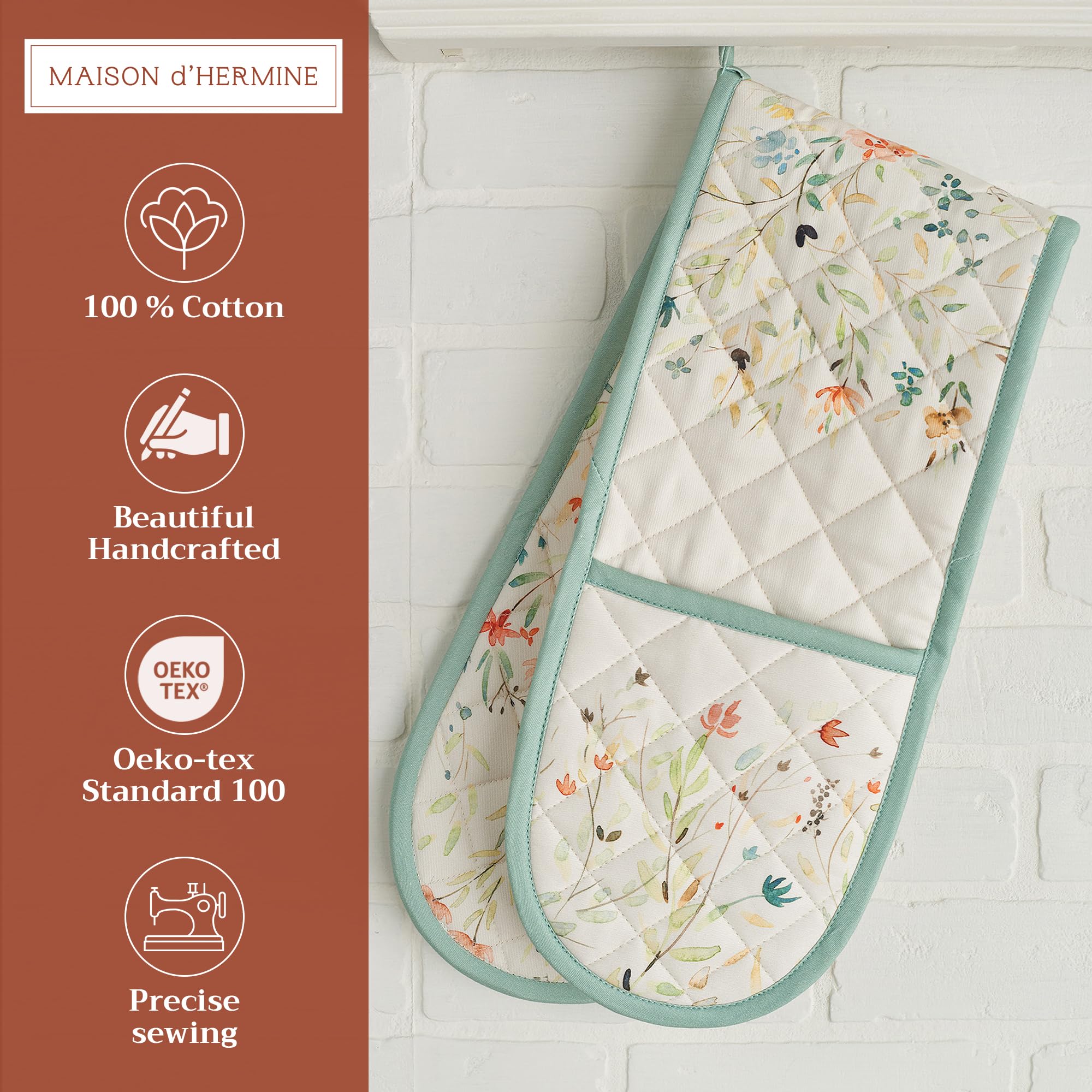Maison d'Hermine Double Oven Mitts - 100% Cotton 7x35 Inch Heat Resistant BBQ Gloves with Loop for Baking, Grilling & Handling Hot Pans - Perfect for Easter Decorations & Spring/Summer Kitchen Use