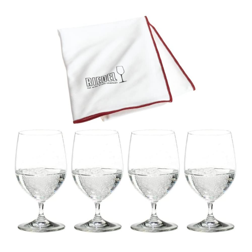 Riedel Vinum Crystal Water Glasses Set of 4 with Premium Microfiber Polishing Cloth - Elegant Wine Tasting & Formal Dining Glassware for Home Entertaining & Gift Giving