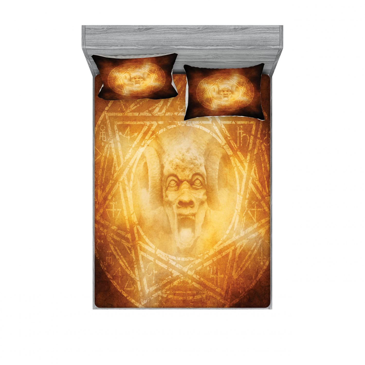 Ambesonne Horror House 2-Pack Queen Size Fitted Sheet & Pillow Sham Set - Demon View Halloween Bedding (4-Piece Set: 2 Fitted Sheets & 4 Pillow Covers) - Orange Gothic Decor for Spooky Bedroom, Haunted House Party & Halloween Themed Rooms