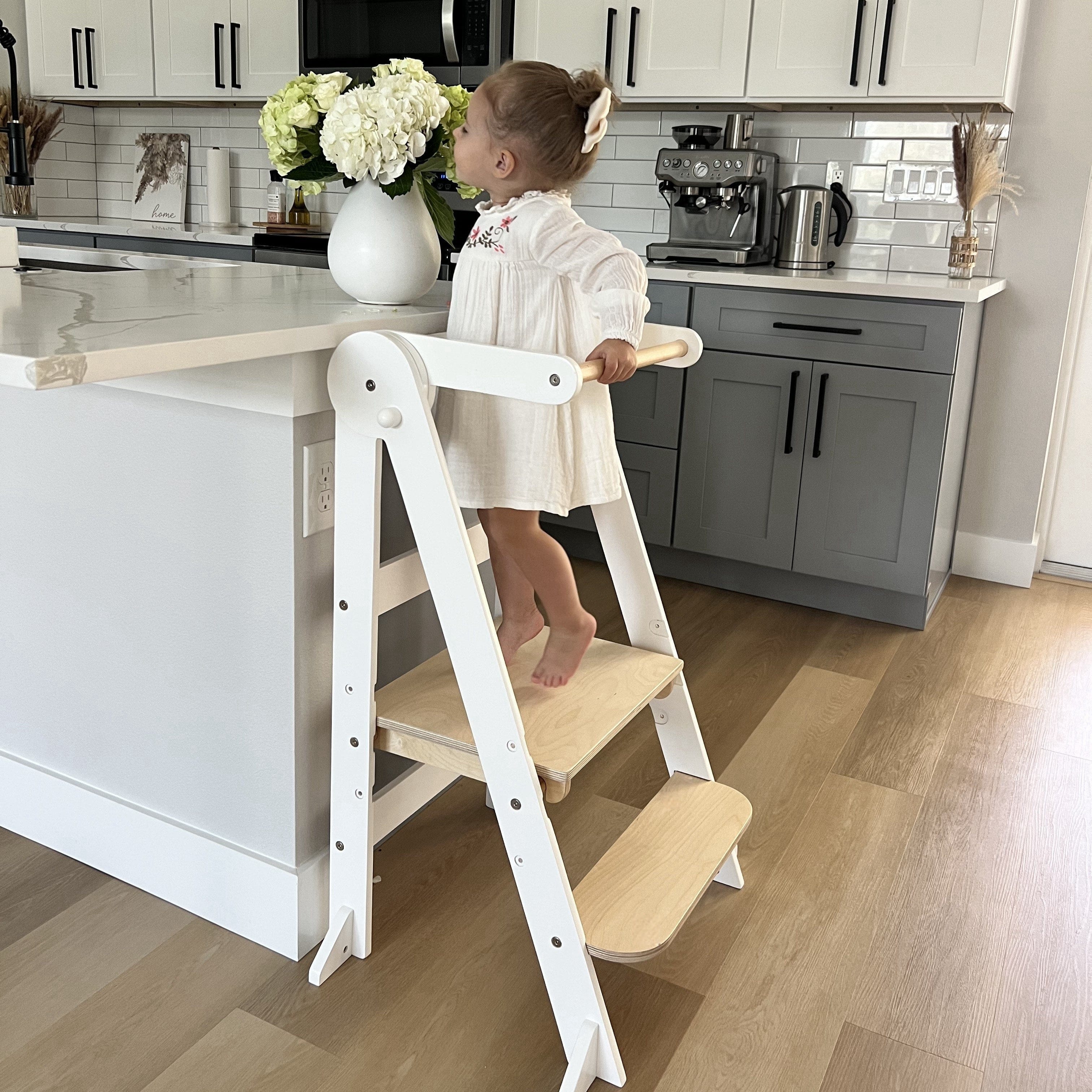 MILA Deluxe Folding Adjustable Learning Tower for Toddlers - Safe Kitchen Step Stool Helper for Kids Cooking, Baking & Learning - Montessori Style Wooden Step-Up Stool for Home & Classroom Use