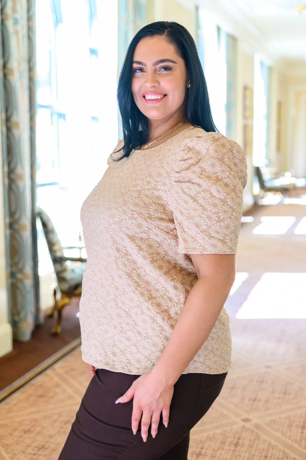 Kelsi Jacquard Puff Sleeve Blouse in Tan | Elegant Women's Fashion Top for Work, Date Night & Special Occasions