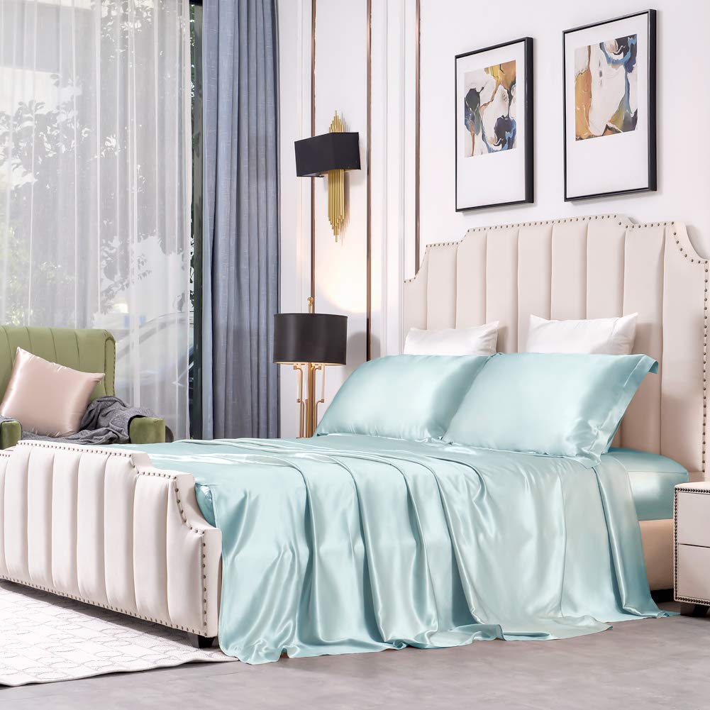 Luxury 25 Momme Mulberry Silk Flat Sheet - Seamless, Soft & Durable Queen Size Bed Sheet (Light Blue) | Perfect for Upscale Bedrooms, Hotels & Gift Giving