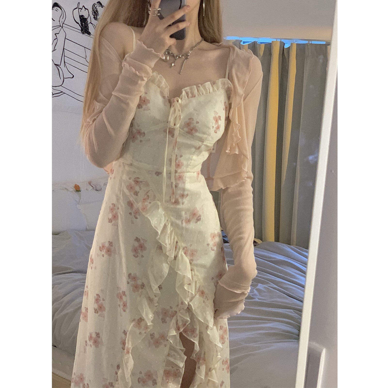 Floral Spaghetti Strap Summer Dress with High Slit - Mid Length Flowy Skirt for Women | Beach Wedding, Vacation Outfit, Date Night Dress 827