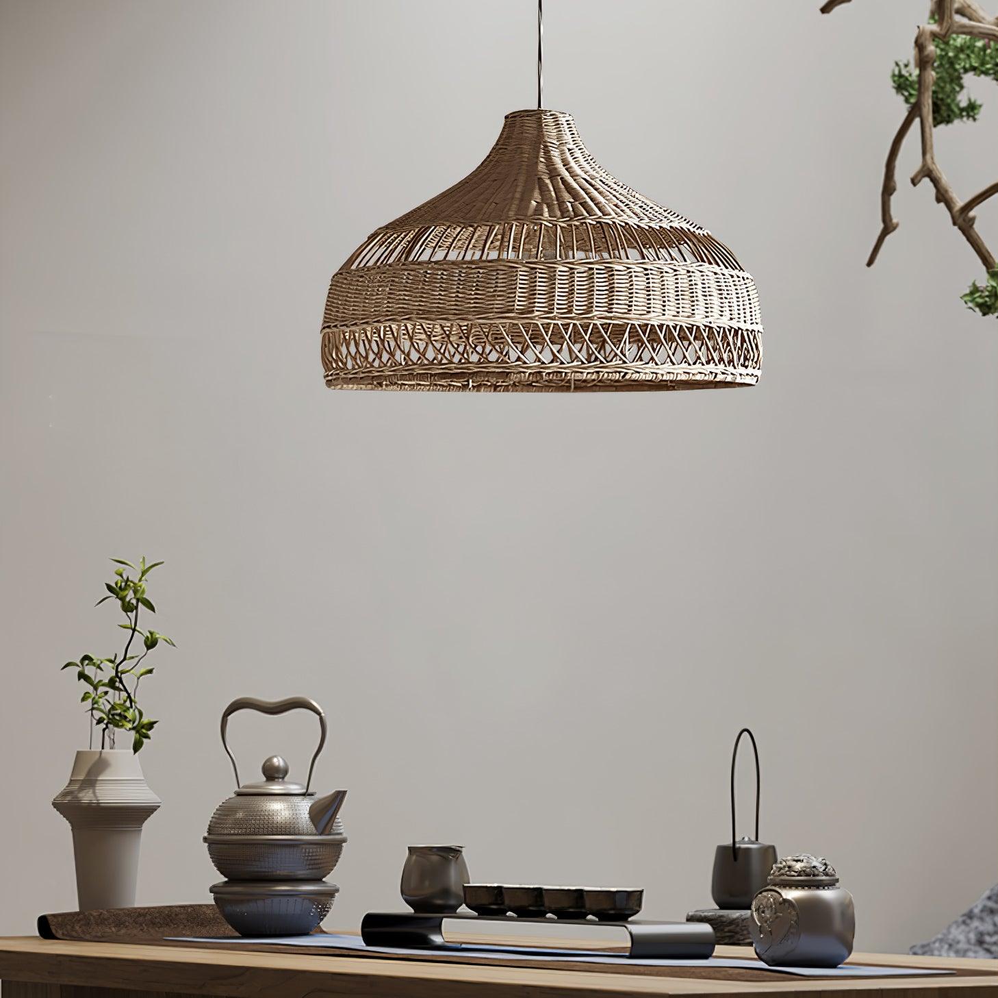 Handwoven Rattan Dome Pendant Light - Boho Chic Ceiling Fixture for Living Room, Bedroom & Dining Area