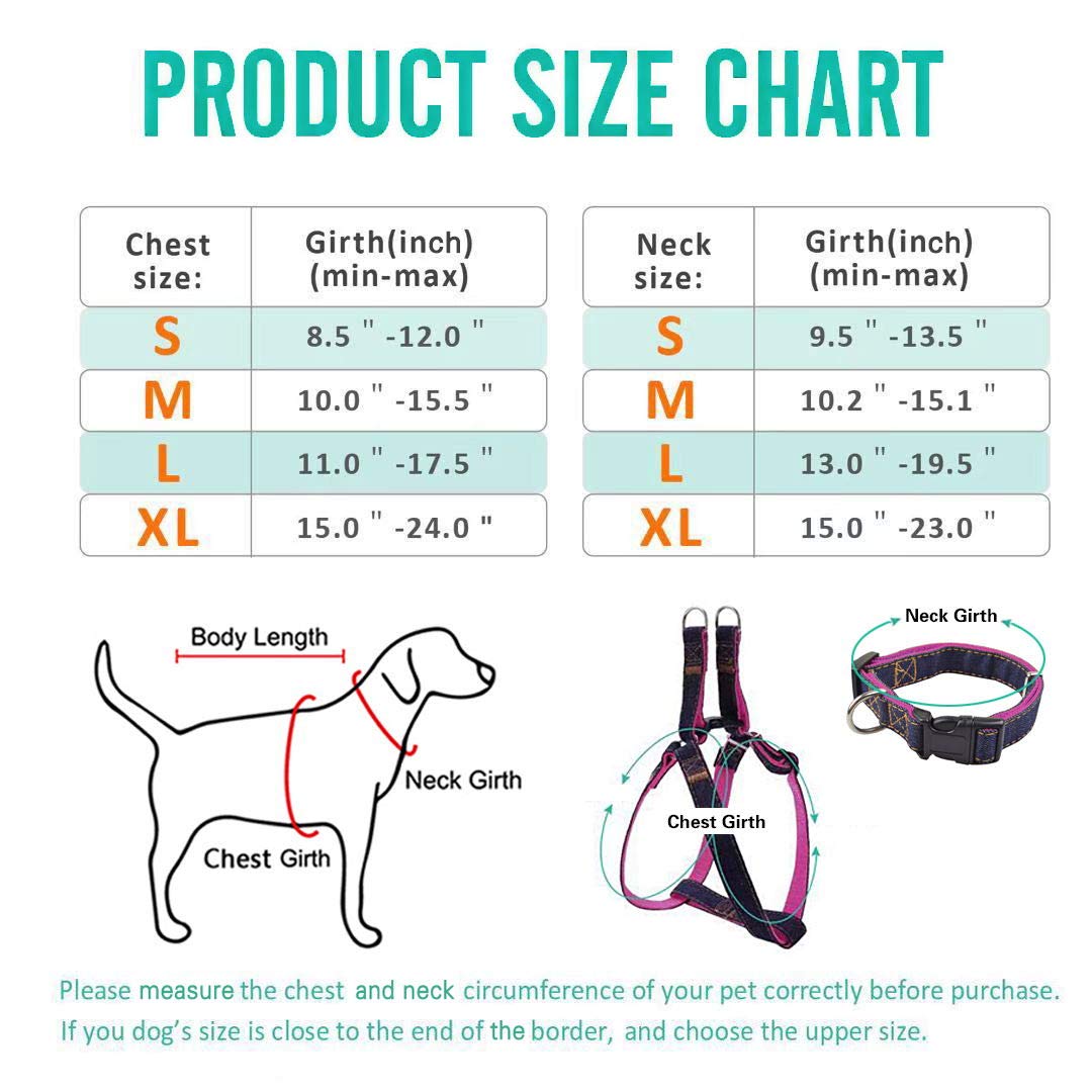 Premium Dog Harness, Leash & Collar Set for Small, Medium & Large Dogs - Heavy Duty Nylon with Stylish Denim Design - Perfect for Walking, Training & Outdoor Adventures (Size L, Pink)