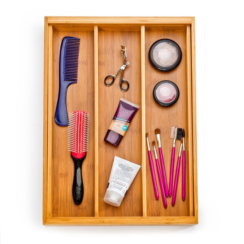 Seville Classics Expandable Bamboo Organizer Tray - 5 Compartment Storage Bin for Kitchen Utensils, Office Supplies, Makeup & K-Cups | Perfect for Pantry, Closet & Desk Organization (Bamboo, Premium Quality)