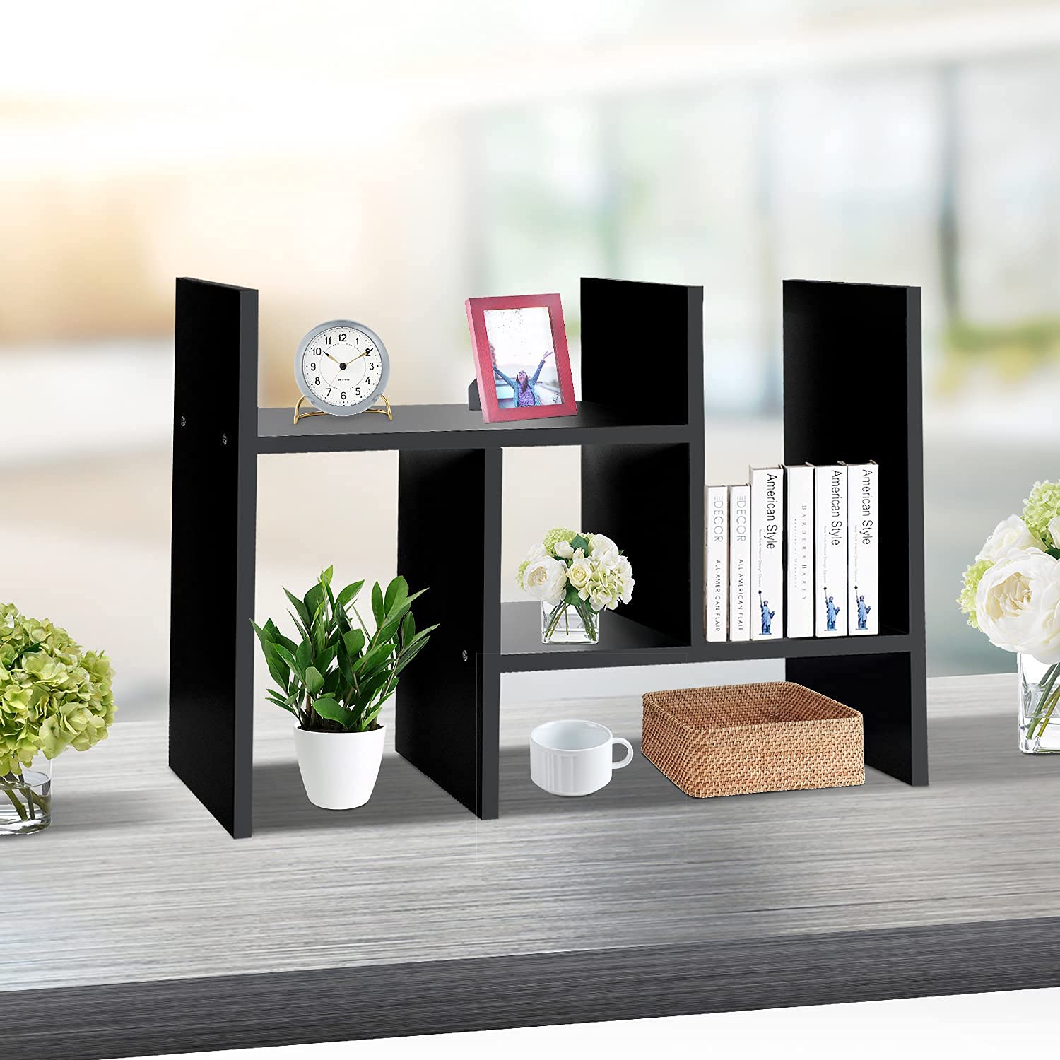 J.M.Deco Adjustable Desktop Organizer Shelf - Double H Display Office Storage | True Natural Wood Stand Shelf in Black | Perfect for Desk Organization & Home Office Accessories