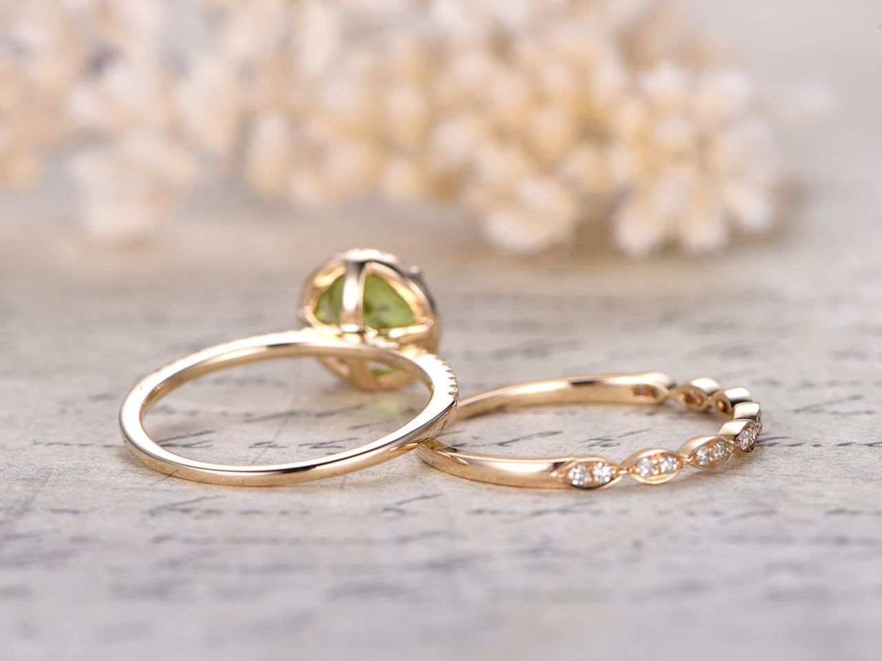 7mm Round Cut Peridot Engagement Ring Set with Diamond Wedding Band in 14K Yellow Gold - Perfect for Bridal Jewelry, Anniversary Gifts & Special Occasions