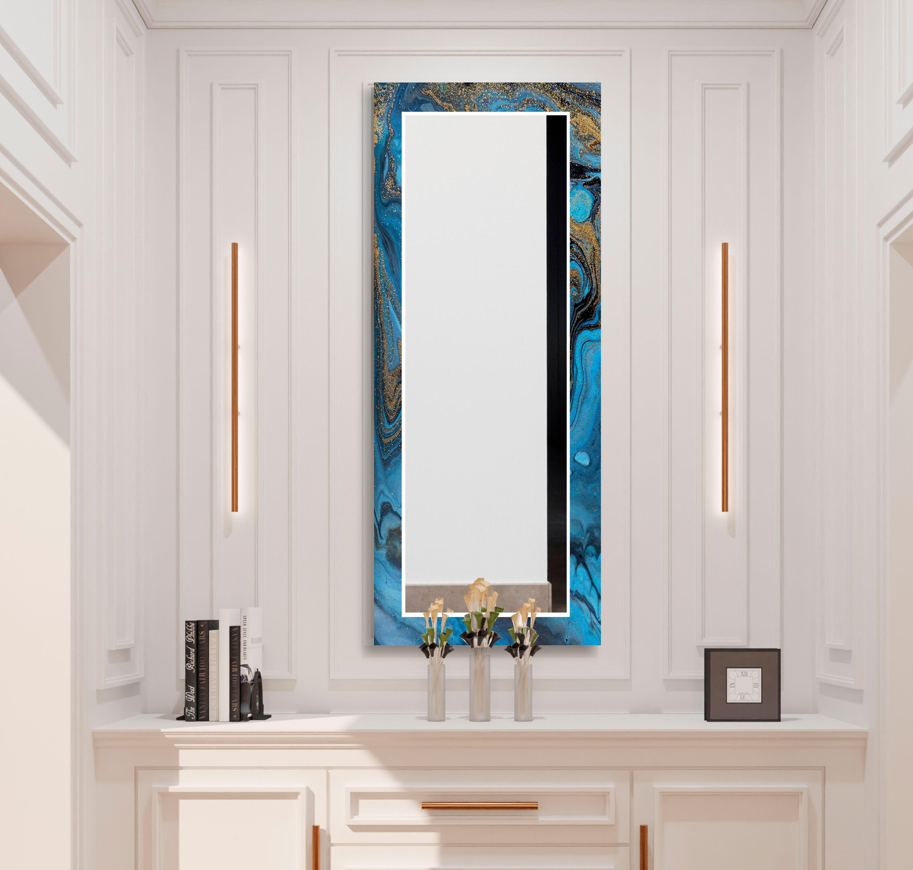 Blue Golden Epoxy Design Wall Mirror - Modern Decorative Bathroom & Bedroom Mirror - Perfect for Home Decor, Vanity, and Living Room