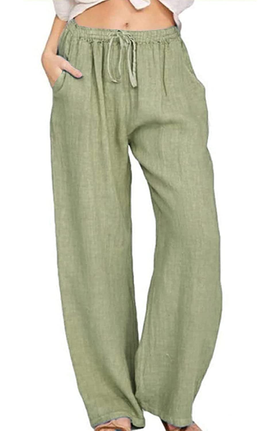 Women's Summer Linen Wide Leg Palazzo Pants - Loose Drawstring Waist Beach Pants for Casual Wear, Vacation & Boho Style Outfits