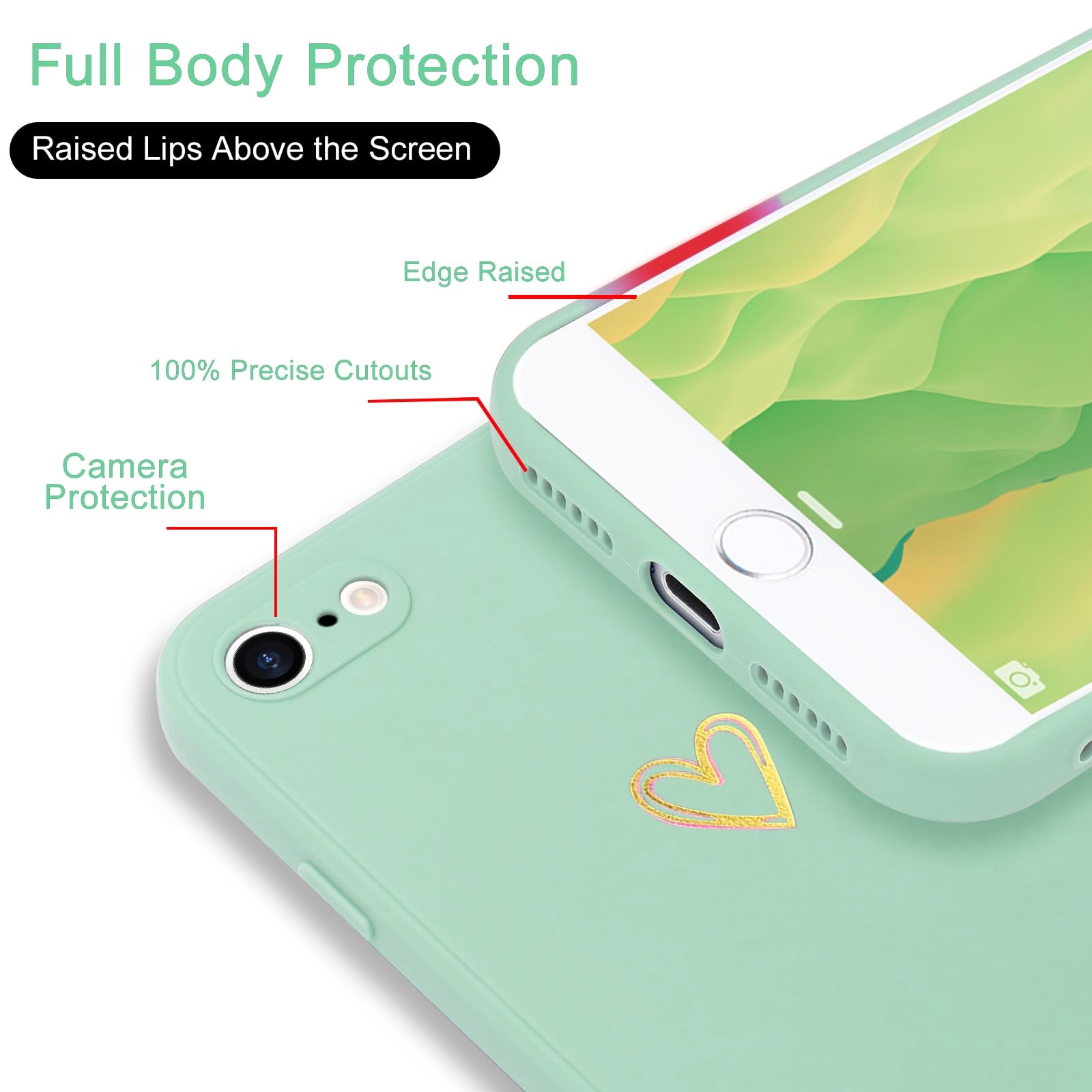 Premium Silicone Phone Case for iPhone SE 2022/2020, iPhone 8 & iPhone 7 - Shockproof Protective Cover with Cute Heart Design in Mint Green - Perfect Gift for Women & Girls (Home, Office, Travel Use)