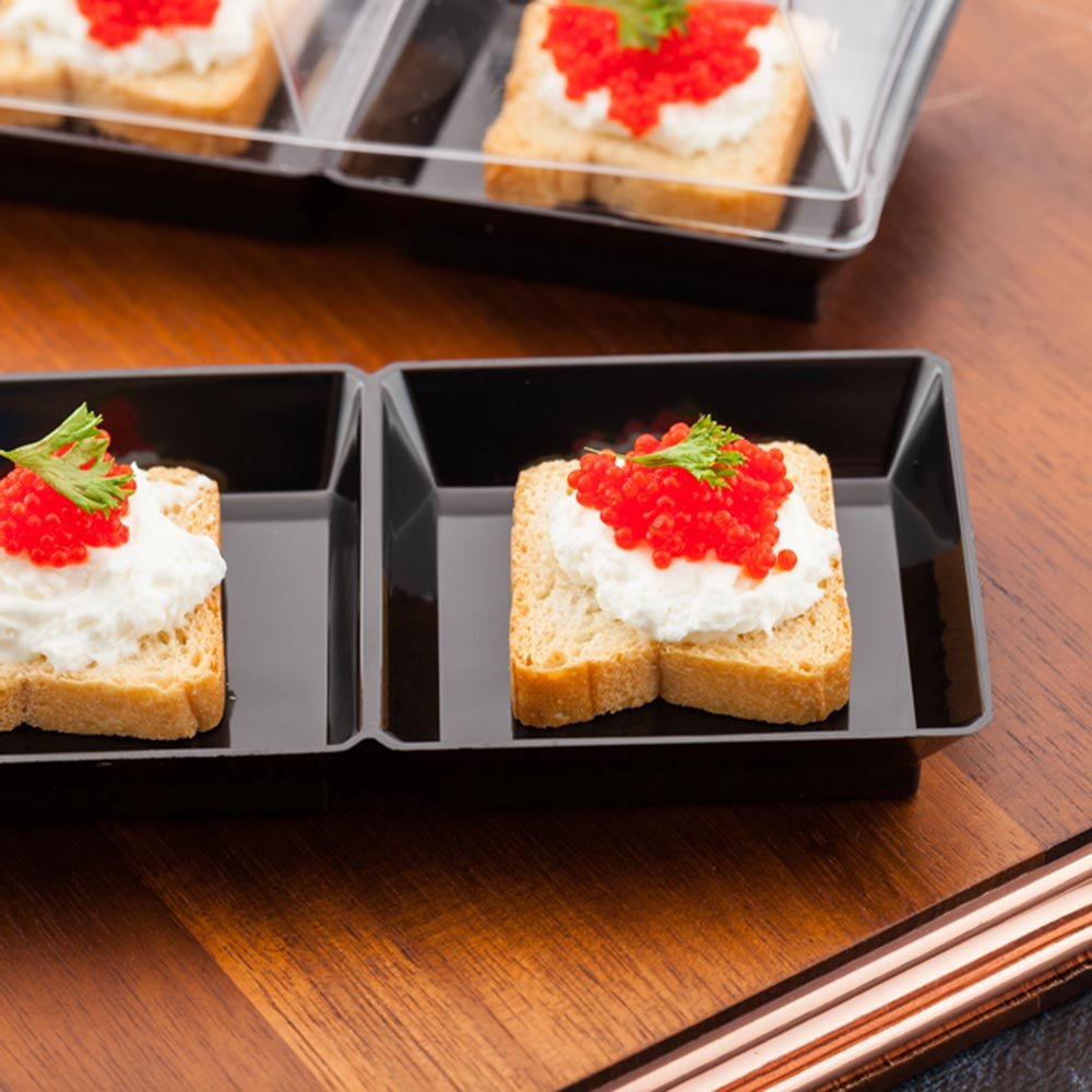 Disposable Black Plastic 3-Compartment Serving Trays 7.5x2.5 Inch - 100-Pack Divided Plates for Condiments, Appetizers & Snacks | Perfect for Restaurants, Catering & Party Food Service (Lids Sold Separately)
