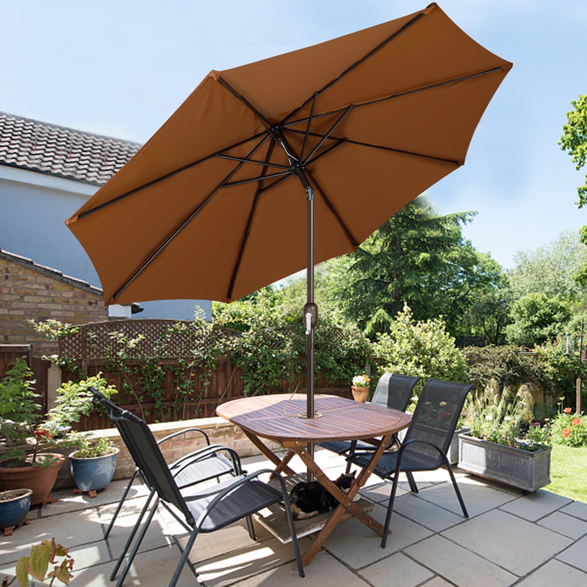 Blissun 9-Foot Outdoor Patio Umbrella - Heavy Duty Market Umbrella with 8 Sturdy Steel Ribs, Push Button Tilt & Easy Crank Lift - Perfect for Backyard, Poolside, Restaurant and Outdoor Dining Areas