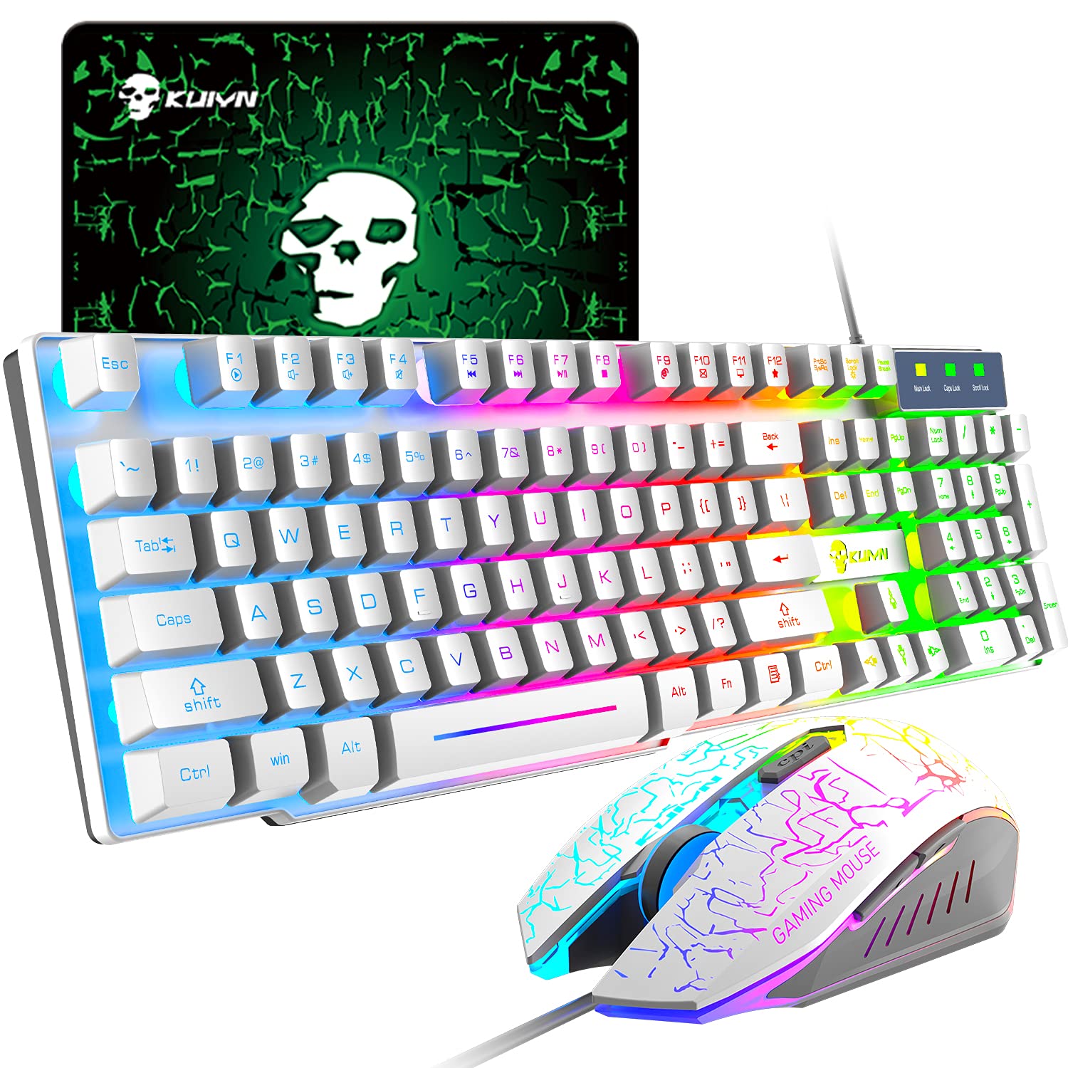 Rainbow Backlit USB Gaming Keyboard with US Layout T6 + 2400DPI 6-Button Optical Rainbow LED Gaming Mouse + Mouse Pad Set, 104 Key Semi-Mechanical Keycaps for Mac/Windows (White) - Perfect for PC Gaming, Office Work, and Typing