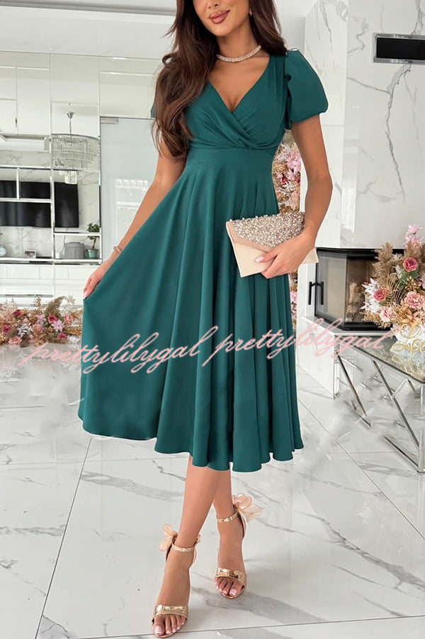 Zayla Women's Solid Color Puff Sleeve V-Neck Waist Slim Fit Midi Dress - Elegant Party, Wedding Guest & Office Wear