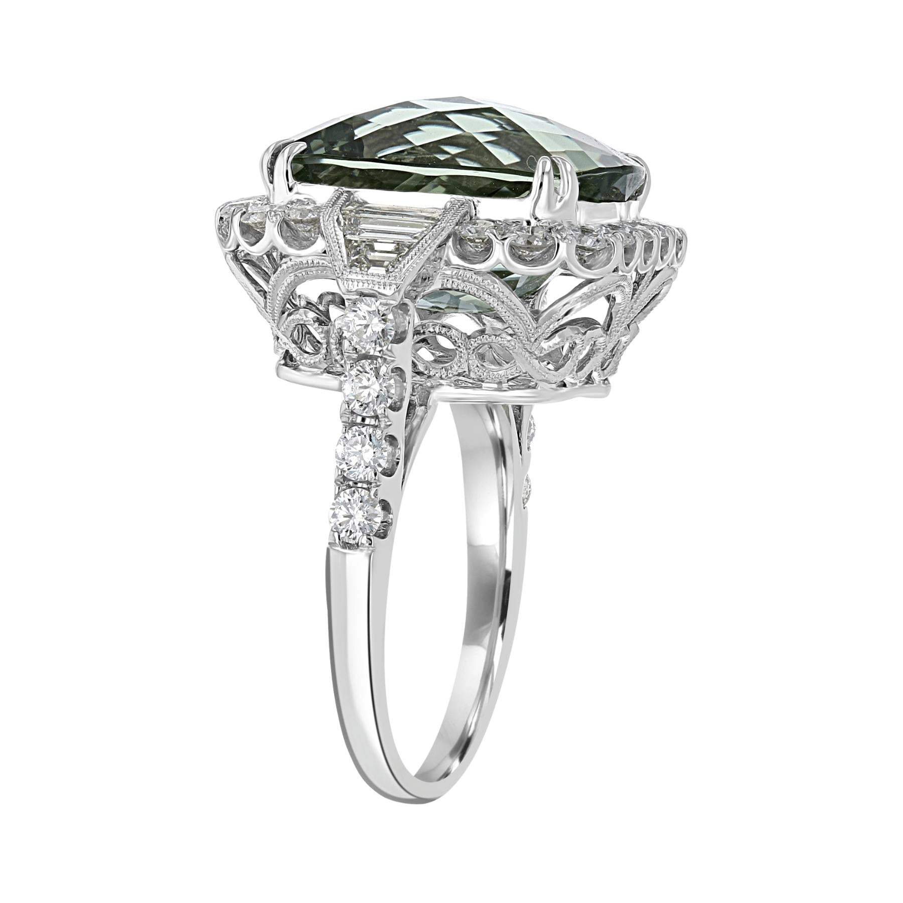 18KT White Gold 14.82 CT Prasiolite & 2.26 CTW Diamond Halo Ring for Women - Elegant Green Gemstone Engagement Wedding Jewelry Gift