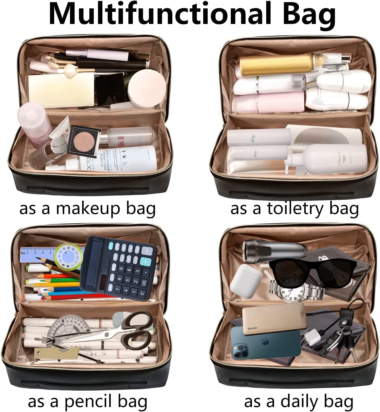 Alesso Large Waterproof PU Leather Travel Makeup Bag for Women - Multi-Compartment Cosmetic Organizer with Zipper Closure (Multicolor) | Perfect for Vacation, Gym, Business Trips & Daily Essentials Storage