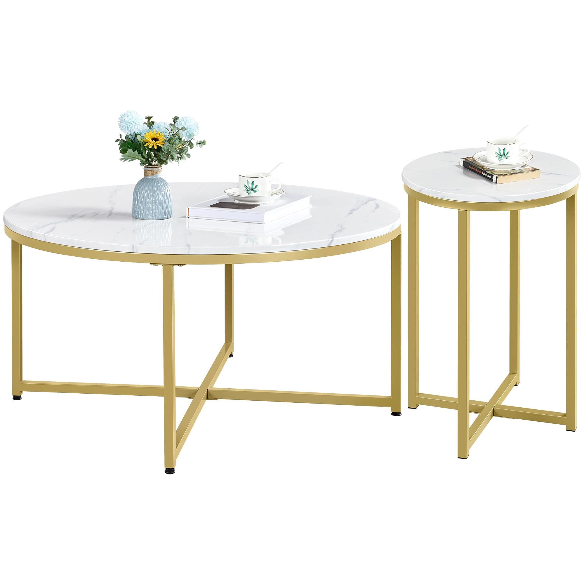 Yaheetech Modern Round Coffee Table & Side Table Set with Faux Marble Tabletop & Gold Metal Stand - Living Room Furniture for Small Spaces, Apartments & Home Decor