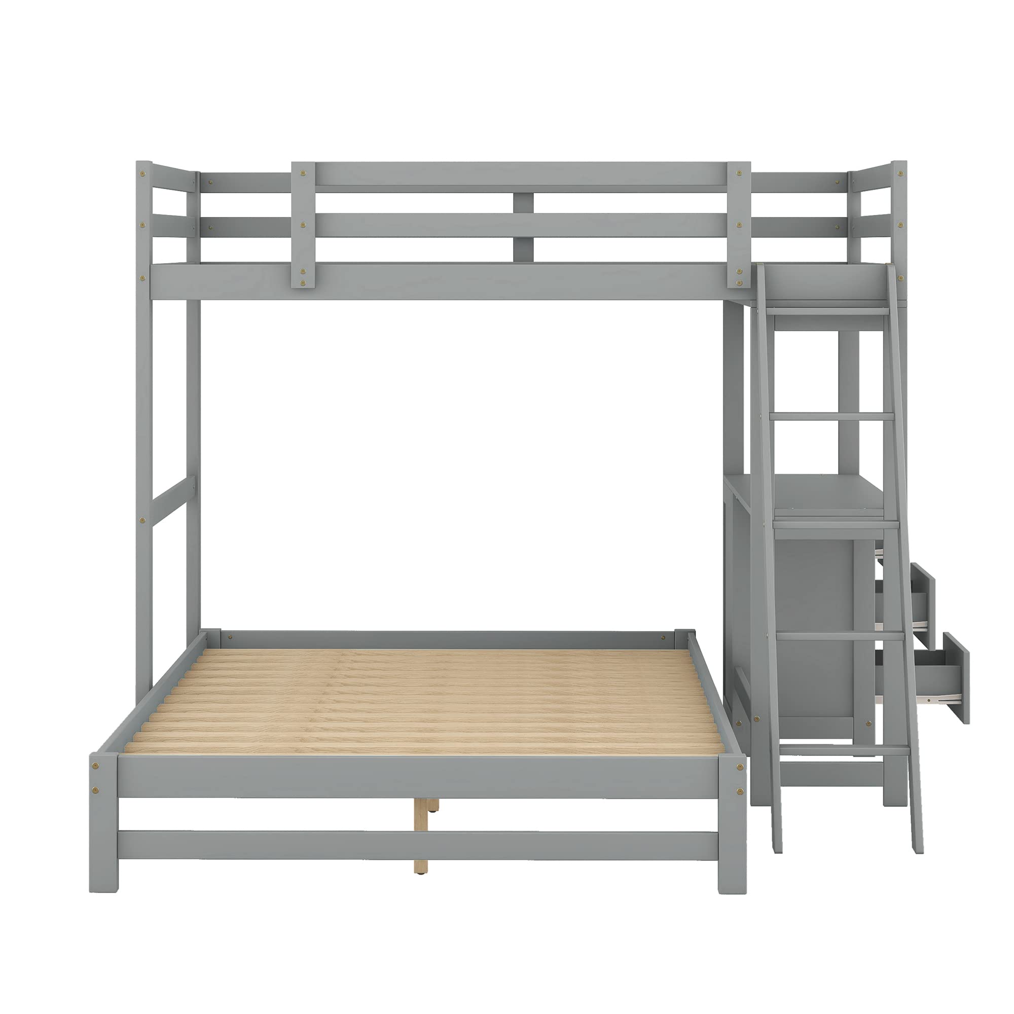 Harper & Bright Designs Solid Wood L-Shaped Bunk Bed with Built-in Desk & 3 Storage Drawers - Twin Over Full Convertible Loft Bed Frame for Kids, Teens & Adults (Grey) - Perfect for Small Bedrooms, Dorm Rooms & Space-Saving Kids' Rooms