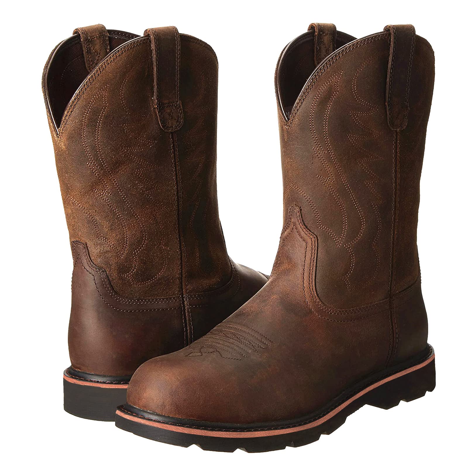 **Men's Leather Pull-On Work Boots - Industrial & Construction Safety Boots with Round Toe - Durable Western Style for Job Sites & Outdoor Work**    *(Use Cases: Ideal for construction workers, warehouse labor, farming, landscaping, and heavy-duty industrial jobs.)*