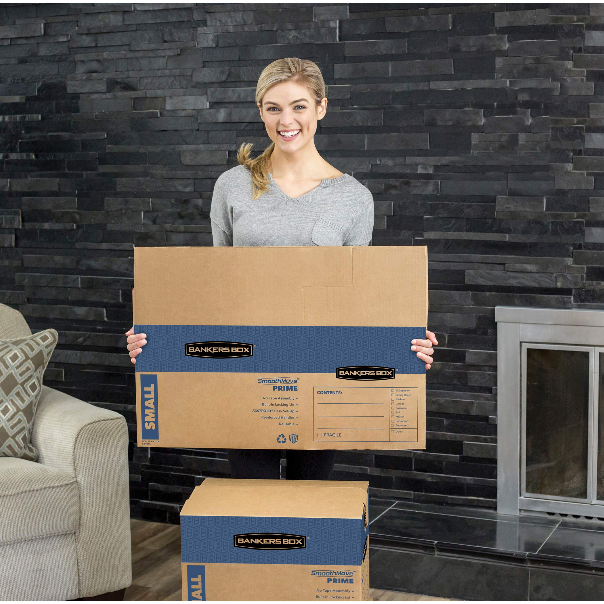 Bankers Box Medium Prime Moving Boxes - 15-Pack with Tape-Free FastFold, Reinforced Handles & Secure Locking Lid | Heavy-Duty Storage for Office, Home & Moving | Perfect for Documents, Books & Household Items