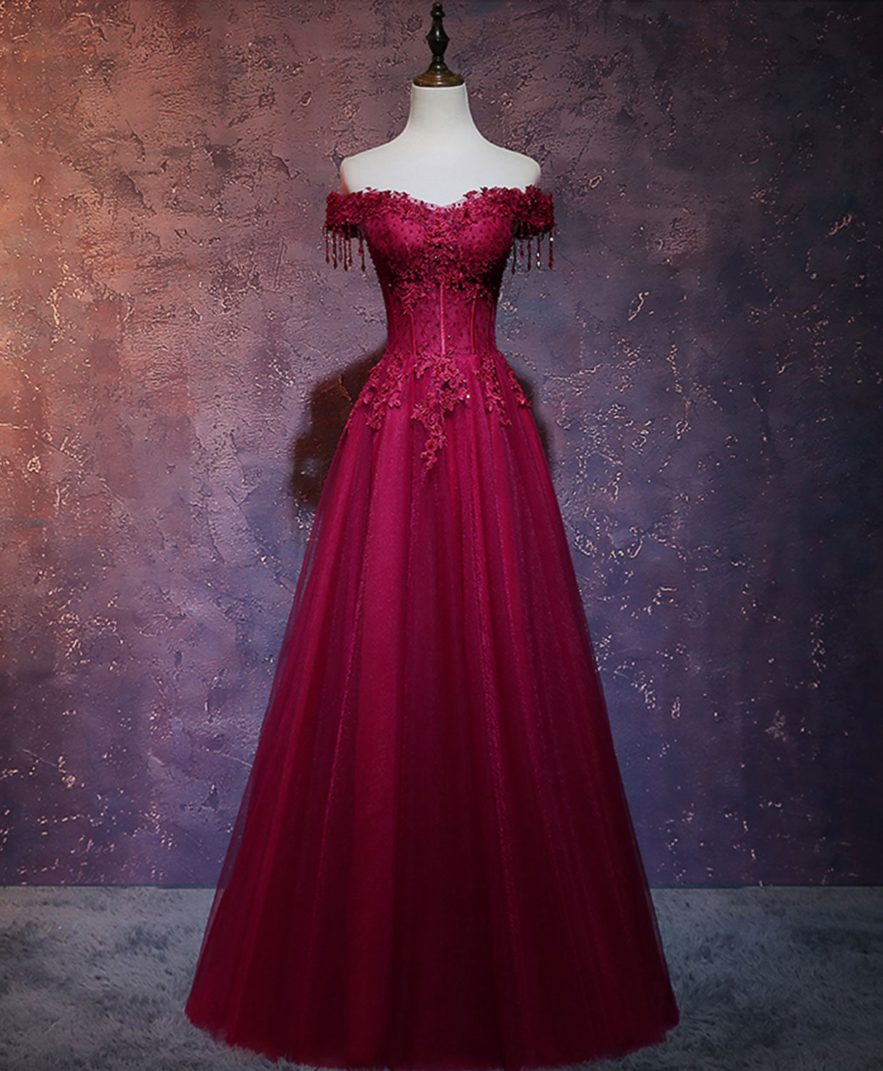 Elegant Burgundy Tulle Lace Off-Shoulder Long Prom Dress for Women - Formal Evening Gown for Homecoming, Wedding, and Special Occasions