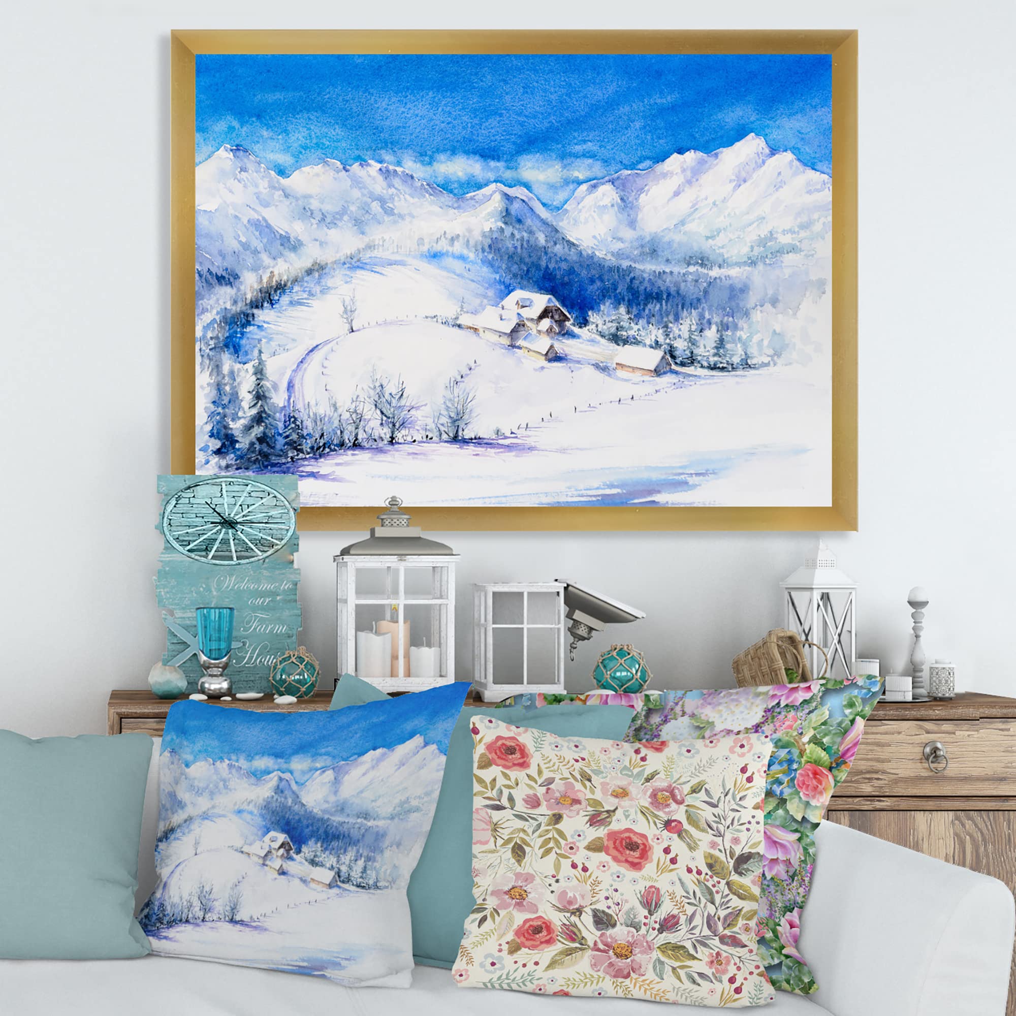 Winter Mountain Landscape With Wooden House - Traditional Framed Wall Art Decor for Living Room, Bedroom & Office - Cozy Cabin Scene Painting for Home & Gifts